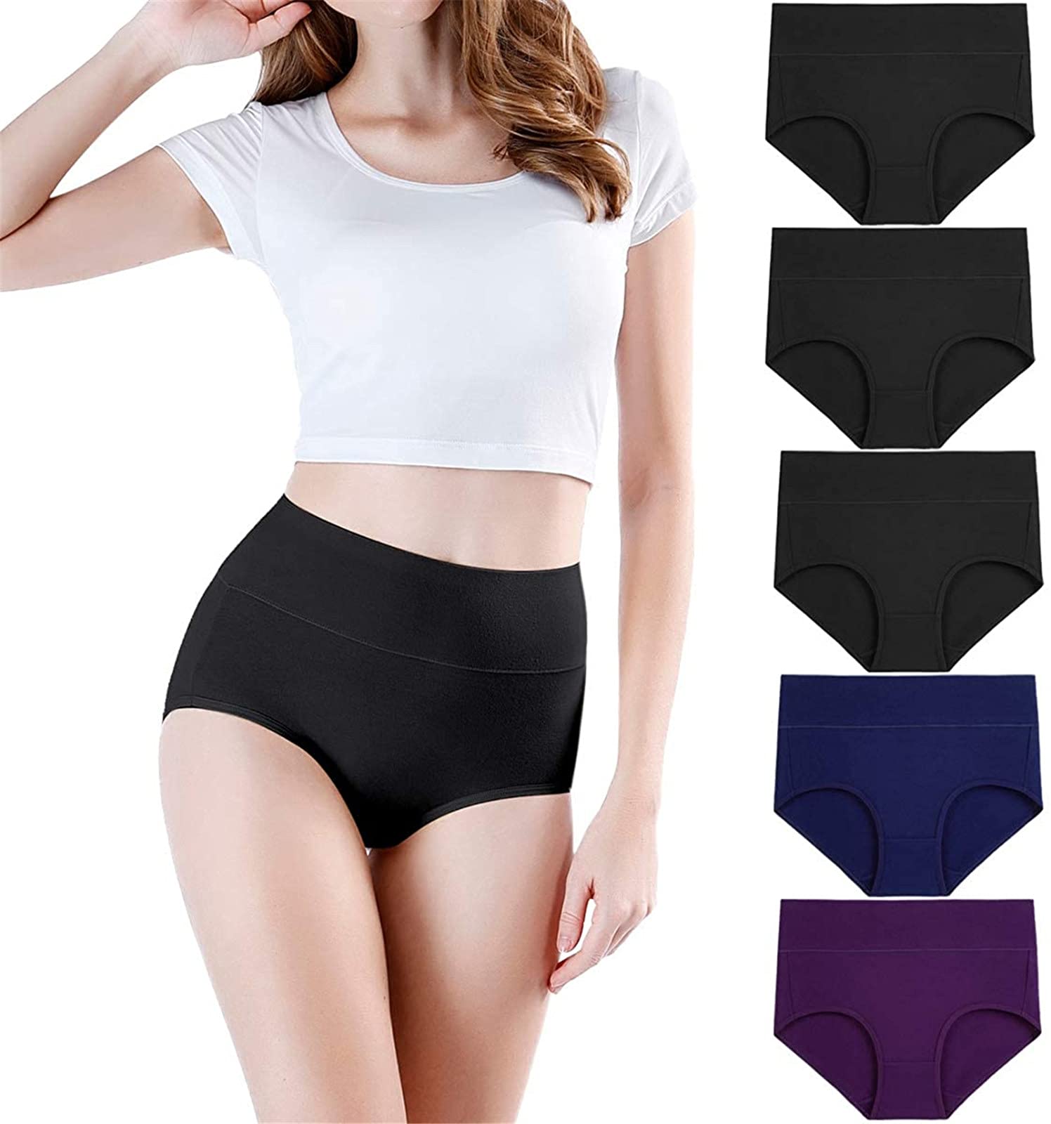 5PCS Women's Plus Size High Waisted Cotton Underwear - Soft Stretch Full Coverage Briefs (Size M-5XL) | Comfortable Everyday Wear for Work, Sleep & Leisure