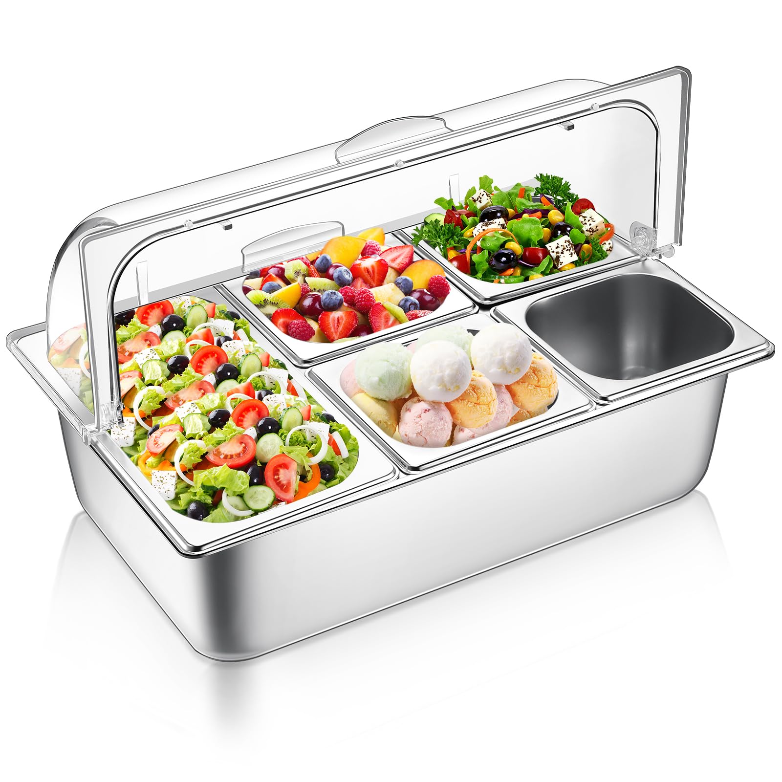 Stainless Steel Buffet Food Serving Tray with Clear Roll Top Cover - 5-Pan Countertop Display Container for Restaurants, Hotels & Parties | Perfect for Condiment Dispensing, Catering Events & Buffet Service