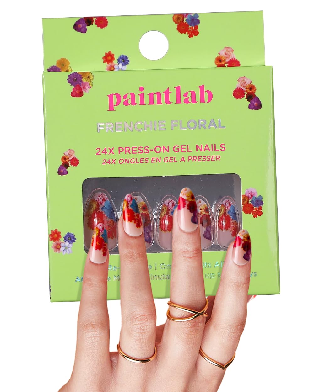 PaintLab Press-On Nails Kit - 24PCS French Floral Fake Nails with Nail Glue, File, Prep Pad & Cuticle Stick | Long Lasting Manicure Set for Women | Perfect for Parties, Weddings & Daily Wear