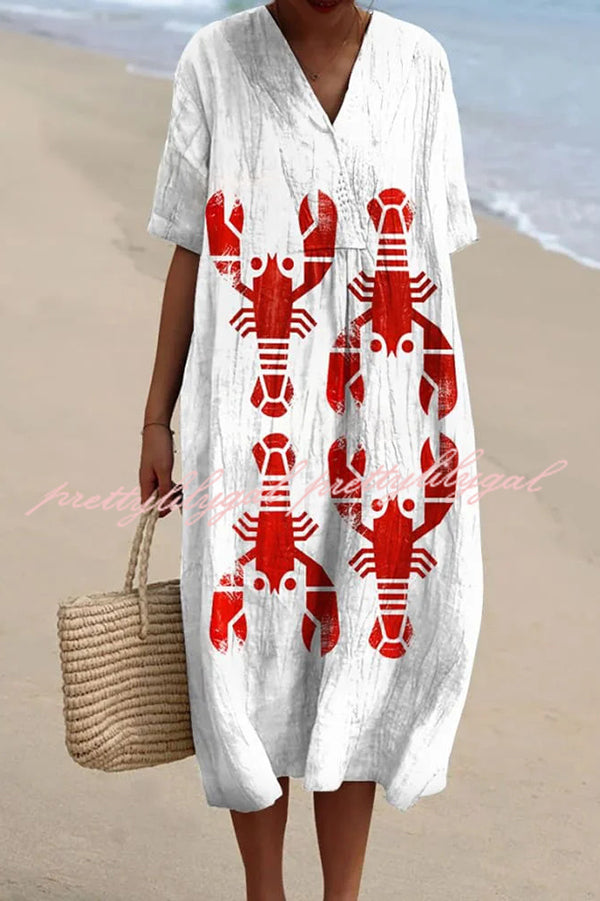 Stylish Marine Print V-Neck Short Sleeve Midi Dress for Women | Beach Vacation, Summer Party & Casual Outfit