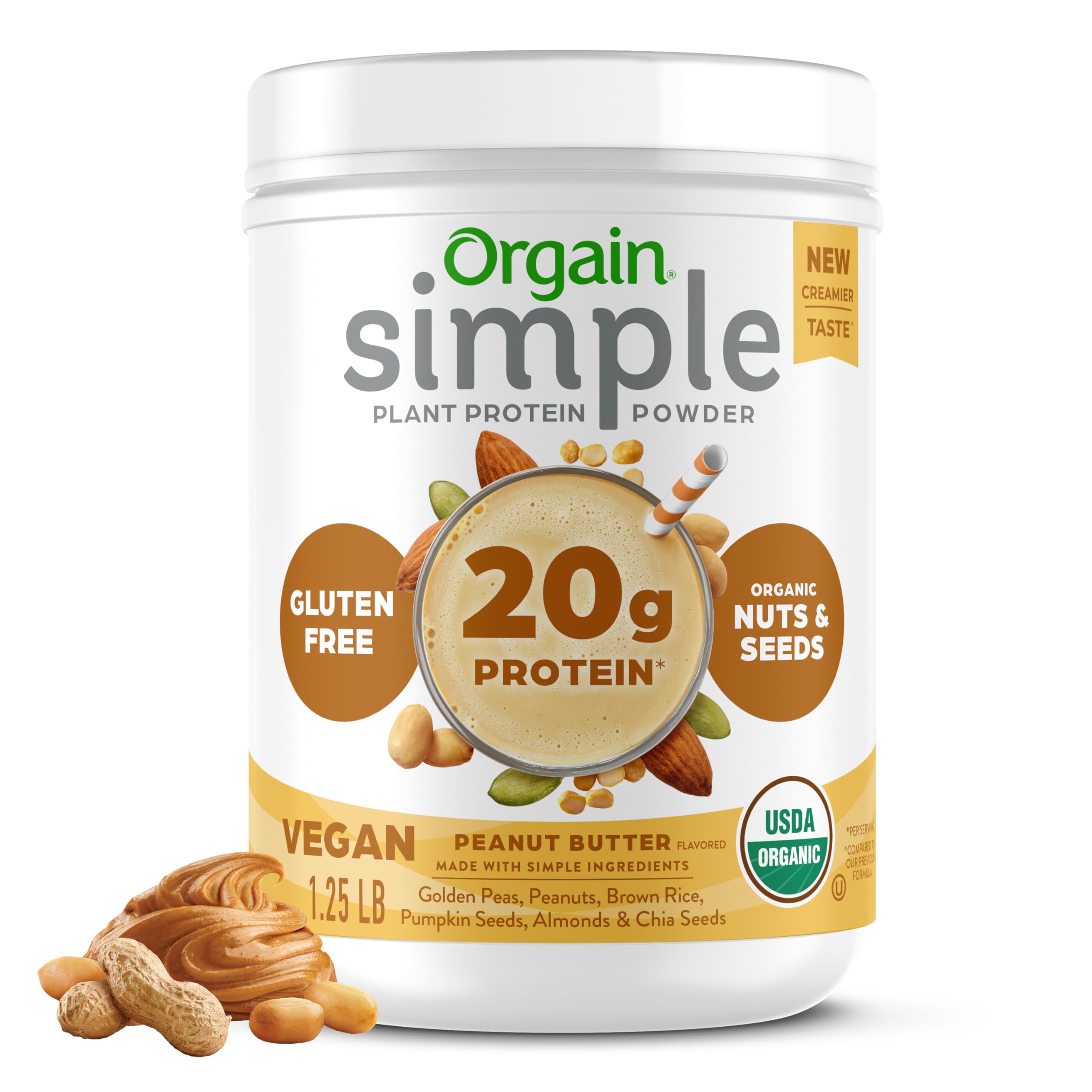 Orgain Organic Simple Vegan Protein Powder, Peanut Butter - 20g Plant Based Protein Powder for Smoothies & Baking | Gluten Free, Dairy Free, No Artificial Sweeteners | 1.25 lb (Packaging May Vary) | Perfect for Post-Workout Recovery & Healthy Snacks