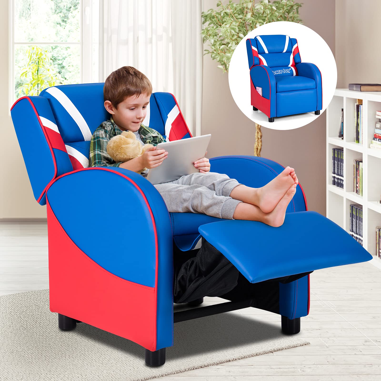 Moccha Kids Recliner Chair with Side Pockets - Adjustable Toddler Sofa with Footrest, Ergonomic Children's Furniture for Boys and Girls Room (Blue) - Perfect for Reading, Gaming, and Relaxing in Bedroom or Playroom