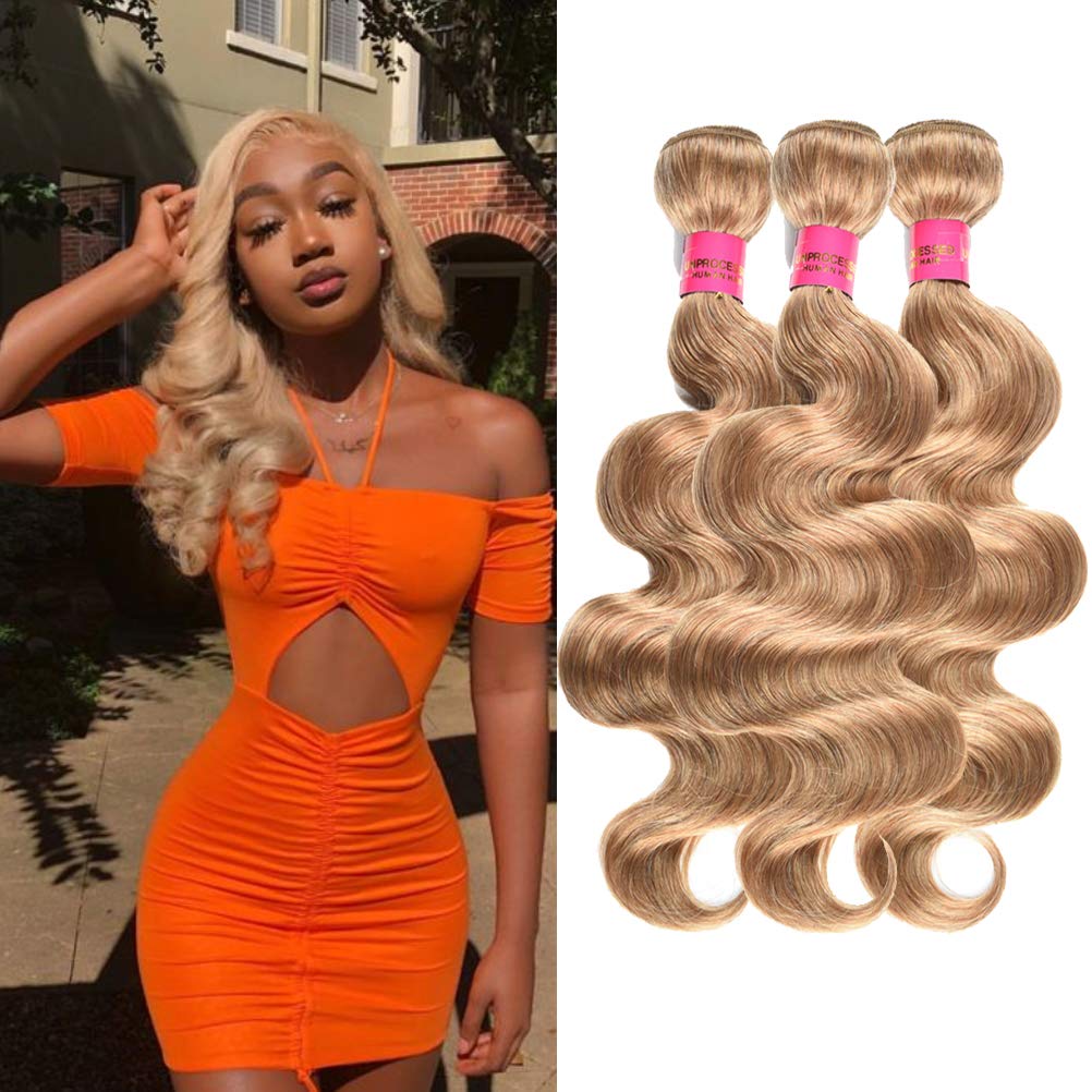 WOME #27 Honey Blonde Peruvian Virgin Human Hair Bundles - 100% Unprocessed Body Wave Weave (16 18 20 Inches) for Natural Hairstyles & Extensions | Perfect for Daily Wear, Parties & Special Occasions