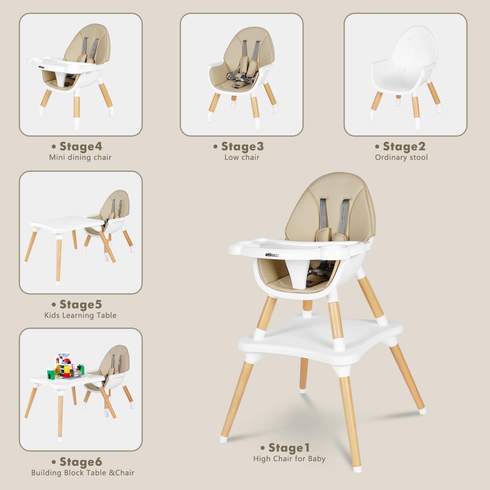 Gofirst 6-in-1 Convertible Wooden High Chair for Babies & Toddlers - Infant Dining Booster Seat, Building Block Table, Adjustable 4-Position Baby Feeding Chair | Perfect for Home, Restaurant & Travel Use