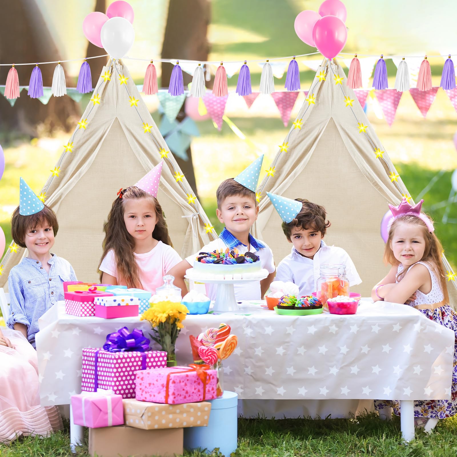 4 Pack Kids Teepee Tent Playhouse for Girls - White Play Tent with Inflatable Airbed & Decorations - Indoor Outdoor Slumber Party, Camping & Sleepover Fun - Perfect for Birthday Parties, Backyard Adventures & Cozy Reading Nook