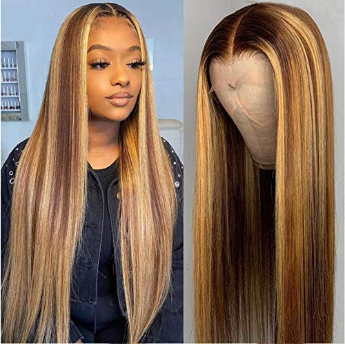 JYZ 13X4 Lace Front Wig Brazilian Virgin Human Hair for Black Women - 150% Density, 2-Tone #4/27 Ombre Color, Pre-Plucked with Baby Hair (16 Inch) | Natural Look for Daily Wear, Parties & Special Occasions
