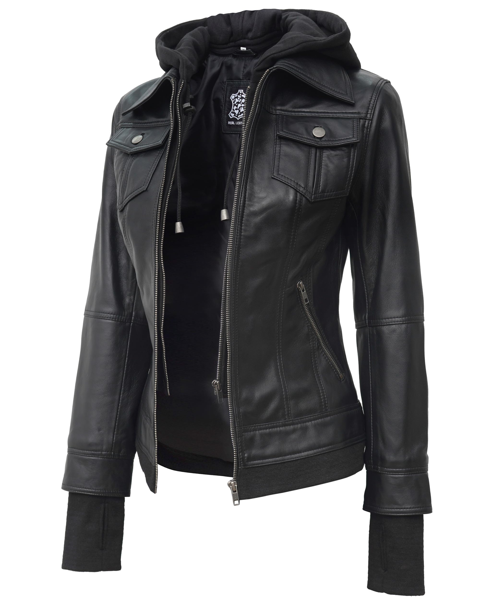Decrum Women's Hooded Leather Jacket - Genuine Lambskin Biker Jacket with Detachable Hood | Stylish Outerwear for Motorcycle Riding, Night Out & Fall Fashion