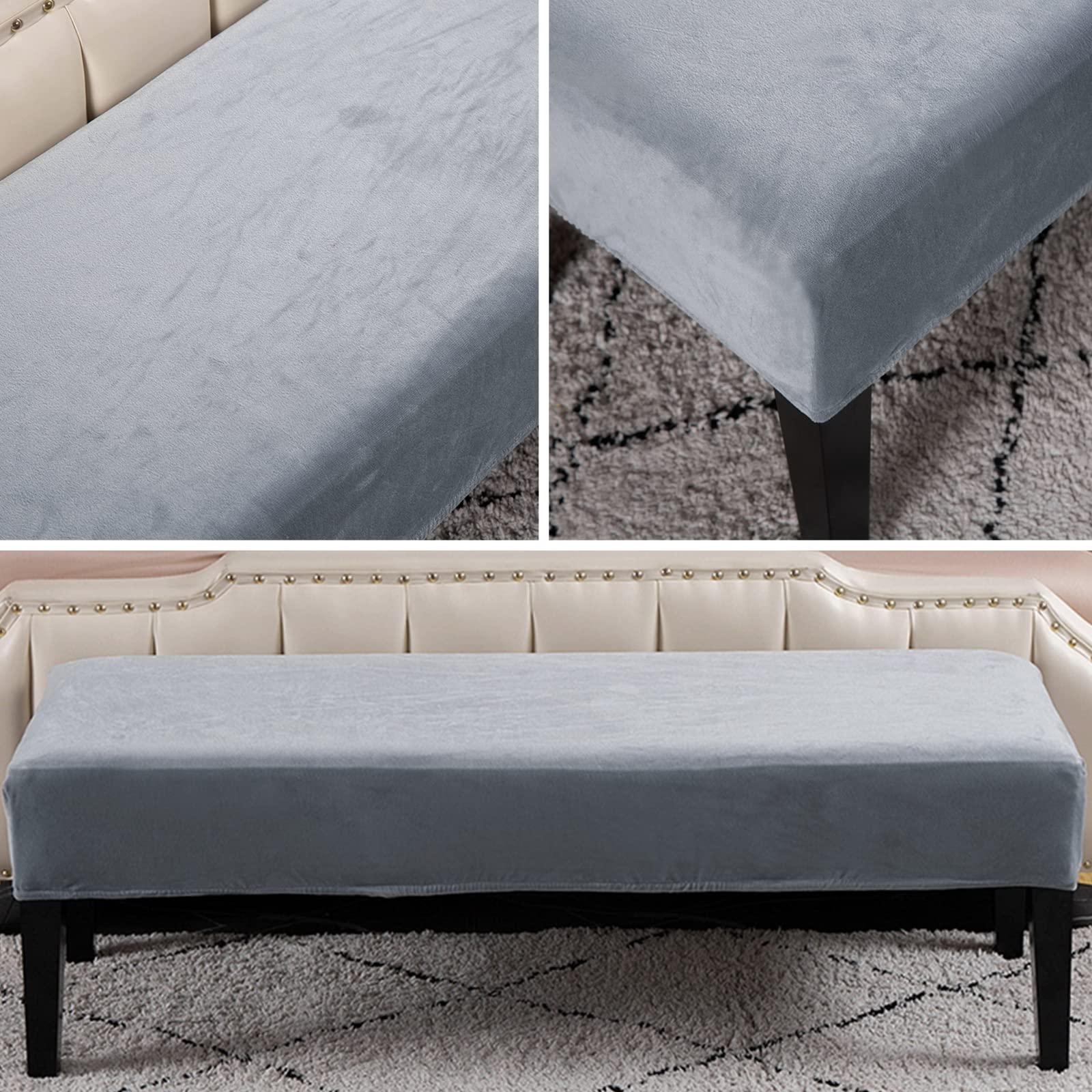 Stretch Washable Velvet Dining Bench Cover - Sliver Gray Rectangle Bench Seat Slipcover for Dining Room, Living Room, Kitchen | Waterproof & Anti-Slip | Perfect for Home Decor, Parties & Daily Use