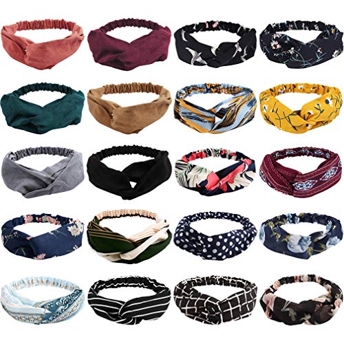 Canitor 20 Pack Boho Headbands for Women - Knotted Floral Hair Bands, Cross Elastic Head Wraps & Vintage Twisted Hair Accessories - Perfect for Yoga, Festivals, Beach Days & Gifts