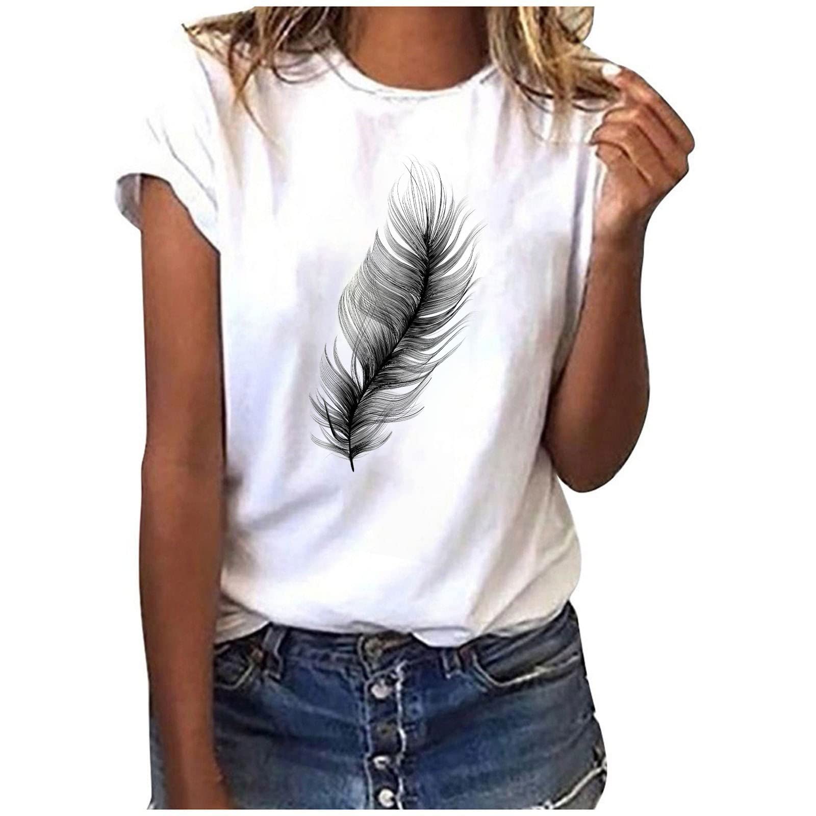 2024 Women's Summer Tops - Feather Print Short Sleeve Graphic Tees for Casual & Dressy Outfits | Cute Basic T-Shirts for Beach, Vacation & Everyday Wear