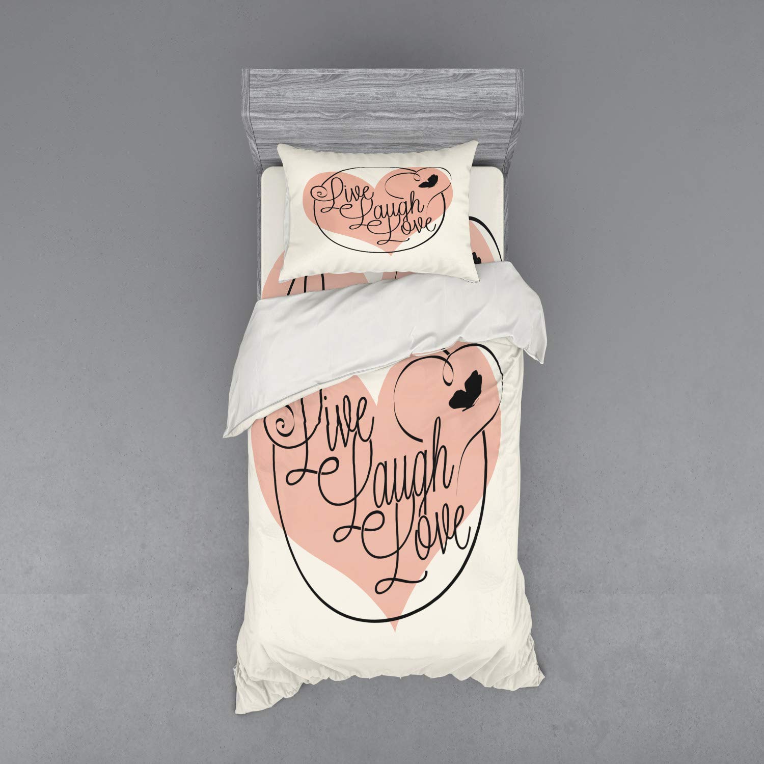 Ambesonne Live Laugh Love 3-Piece Bedding Set - Romantic Valentine's Day Themed Duvet Cover with Sham & Fitted Sheet, Twin XL Size in Pale Pink, Black & White | Perfect for Couples' Bedrooms, Anniversary Gifts & Valentine's Decor