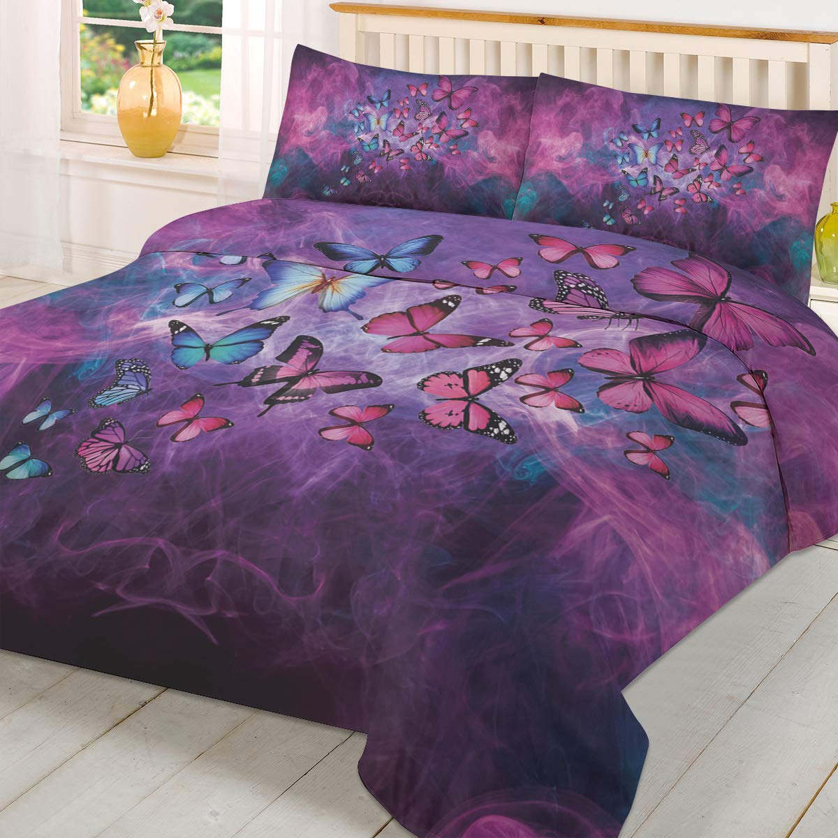 3 Piece California King Bedding Set - Purple Butterflies Abstract Art Duvet Cover with Zipper Closure for Kids, Teens & Adults | Soft & Cozy Comforter Set for Bedroom Decor, Guest Room & Dorm Essentials