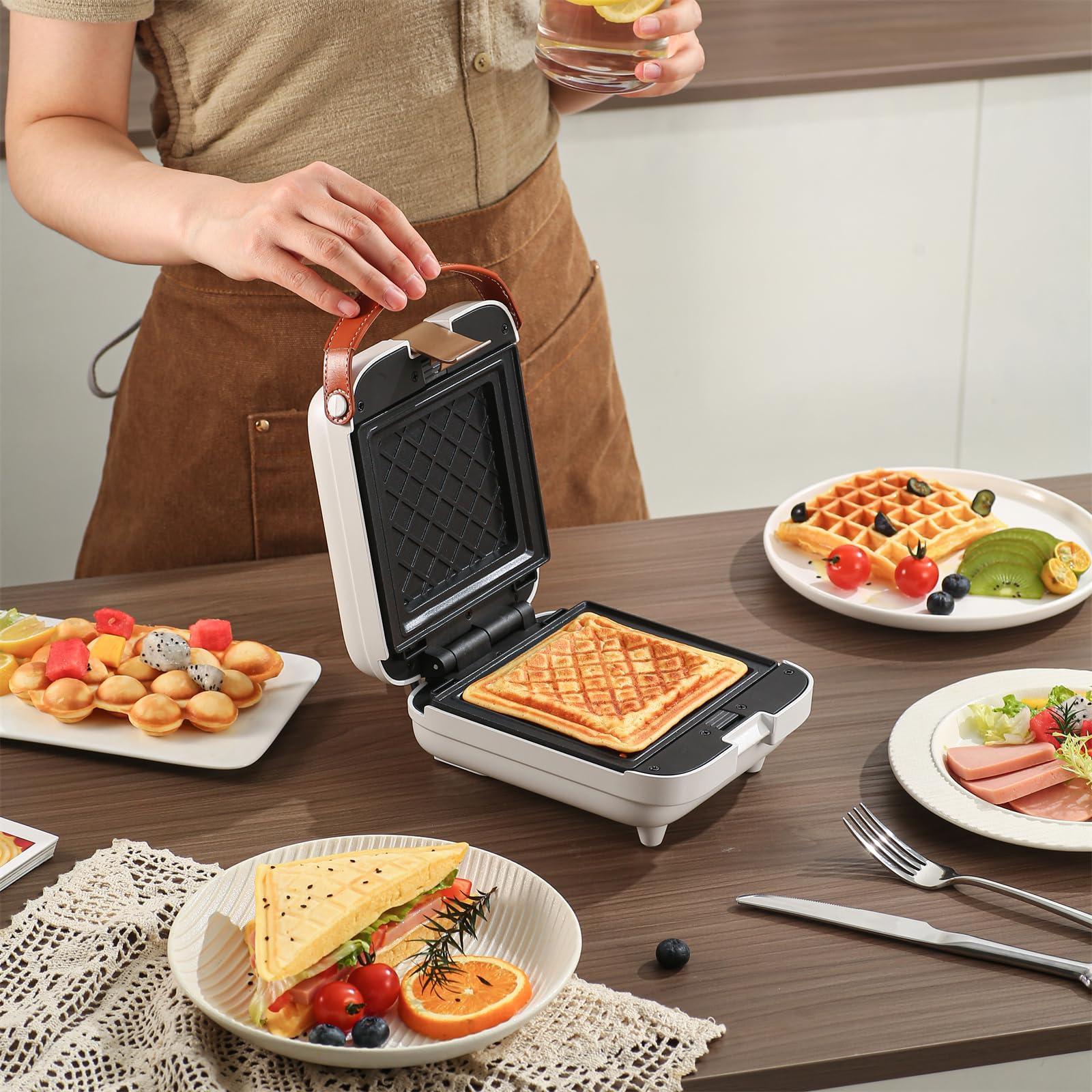 3-in-1 Electric Breakfast Sandwich Maker & Panini Press with Nonstick Coating - Waffle Maker, Bubble Waffle & Egg Puff Grill - Perfect for Quick Breakfasts, Family Brunches & Office Snacks