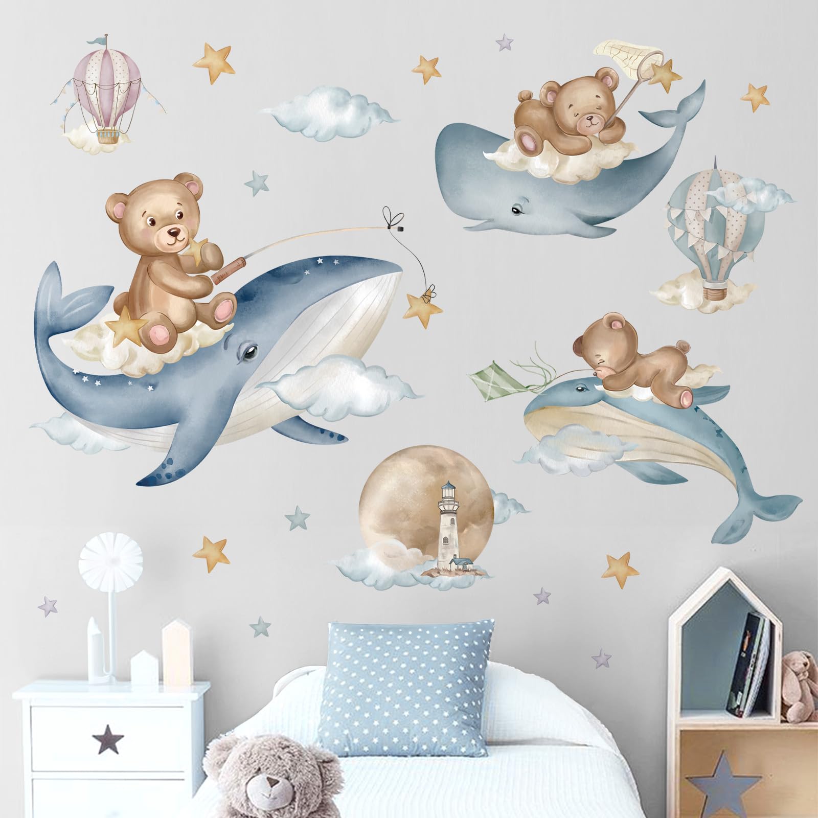 Wondever Baby Bear & Whale Ocean Animals Peel and Stick Wall Decals - Nursery Wall Art for Kids Bedroom Decor | Perfect for Baby Rooms, Playrooms & Children's Spaces