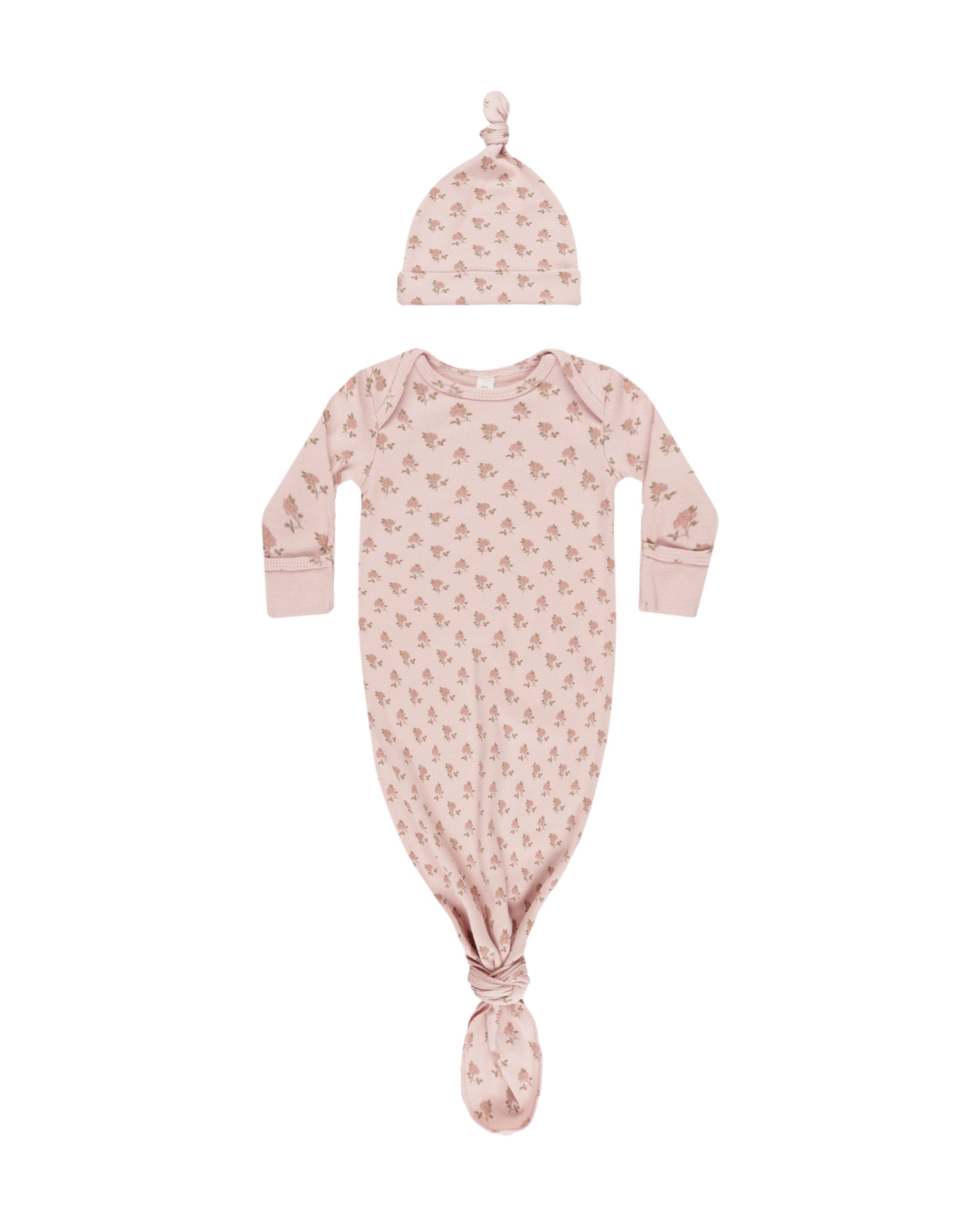 Quincy Mae Knotted Baby Gown & Hat Set - Soft Cotton Newborn Outfit with Rose Floral Pattern | Perfect for Hospital Photos, Christening & Newborn Photography