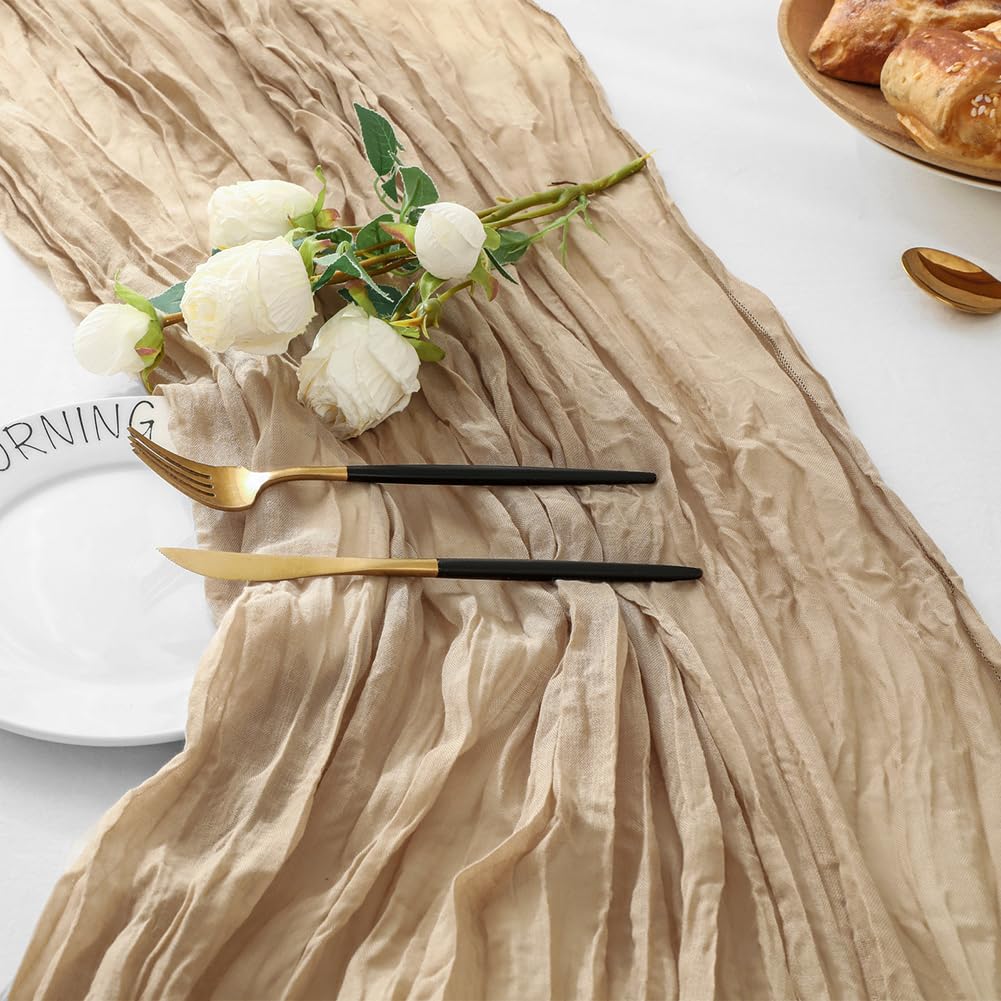 12 Pack 10 Ft Tan Beige Cheesecloth Table Runner - 35 x 120 Inch Natural Gauze Fabric Table Decor for Wedding, Bridal Shower, Baby Shower, Rustic Party & Boho Home Decor - Perfect for Dining Tables, Buffets, and Event Centerpieces