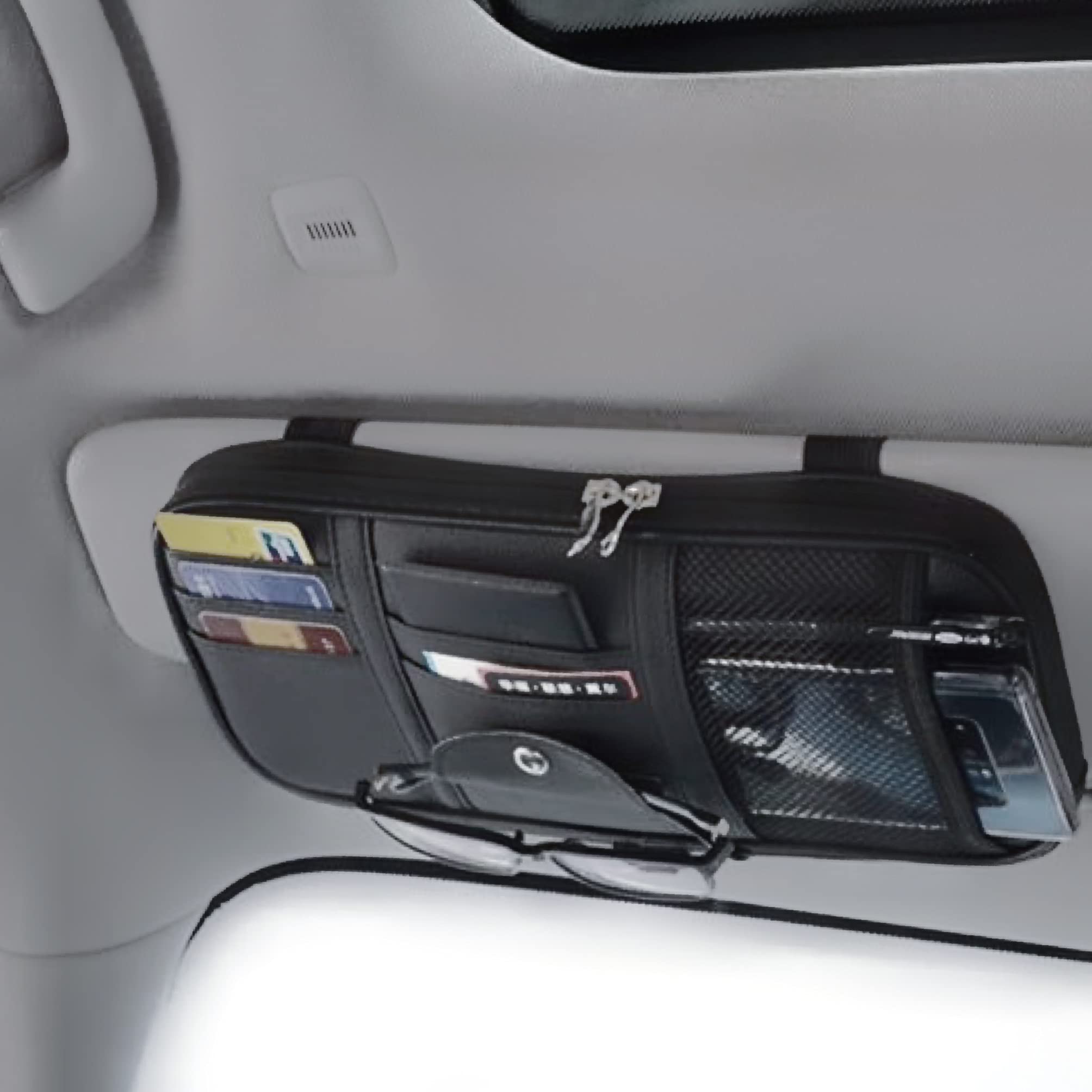 VAGURFO Car Sun Visor Organizer - Multi-Pocket Zipper Storage Pouch for Truck & Auto Accessories | Black Interior Organizer for Sunglasses, Phones & Small Items | Perfect for Road Trips & Daily Commutes