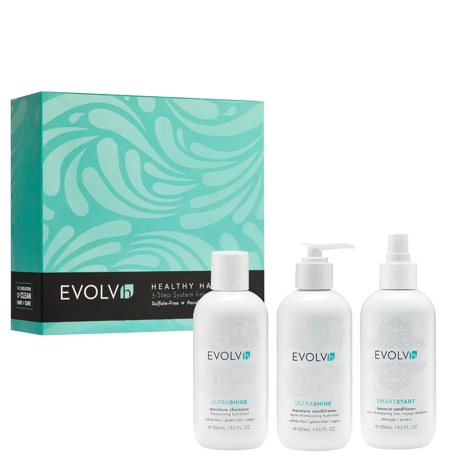 EVOLVh - Natural Healthy Hair Trio Set | UltraShine Moisture Shampoo, Daily Conditioner & Leave-In Conditioner (8.5 fl oz/250 mL) | Vegan, Non-Toxic, Clean Hair Care for Dry, Damaged Hair | Perfect for Daily Use, Travel & Salon-Quality Results at Home | Packaging May Vary