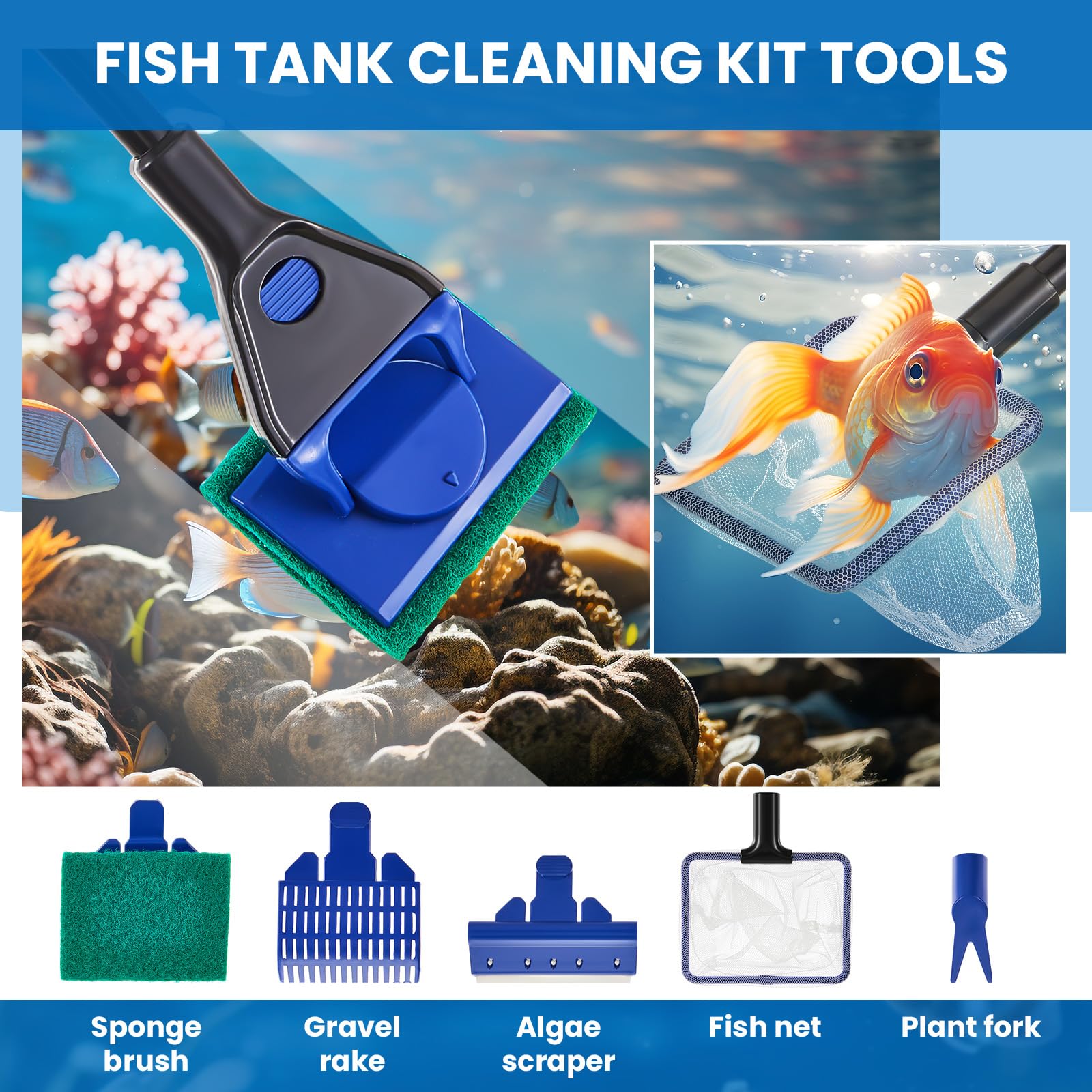 Premium Aquarium Cleaning Kit - 5-in-1 Fish Tank Gravel Vacuum, 4-Piece Long Aquascape Tools & Magnetic Glass Cleaner | Complete Maintenance Set for Freshwater & Saltwater Tanks | Perfect for Water Changes, Algae Removal & Substrate Cleaning