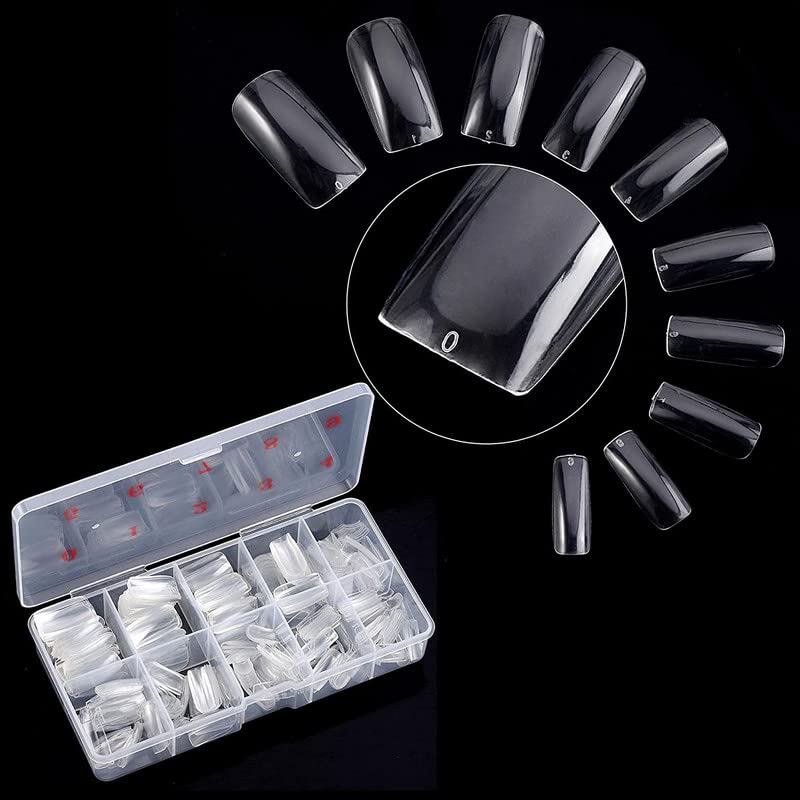 RECTYO GALLERY 100PCS Clear Acrylic Nail Tips - Full Cover Short Square Fake Nails for Manicure, 10 Sizes - Perfect for DIY Nail Art, Salon & Home Use