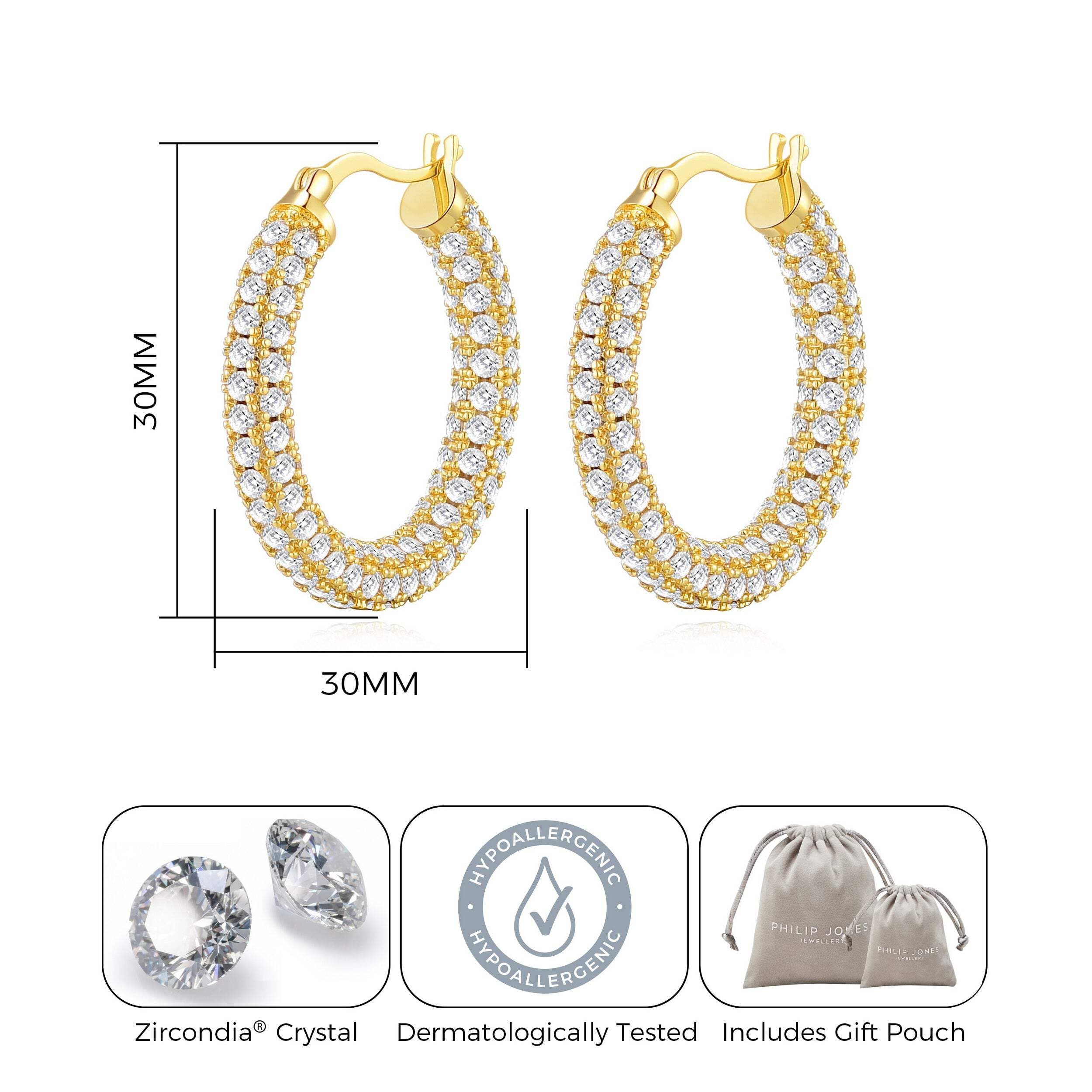 Philip Jones 30mm Gold Plated Hoop Earrings with Zircondia® Crystals - Elegant Pave Design for Women, Perfect for Parties, Weddings & Special Occasions