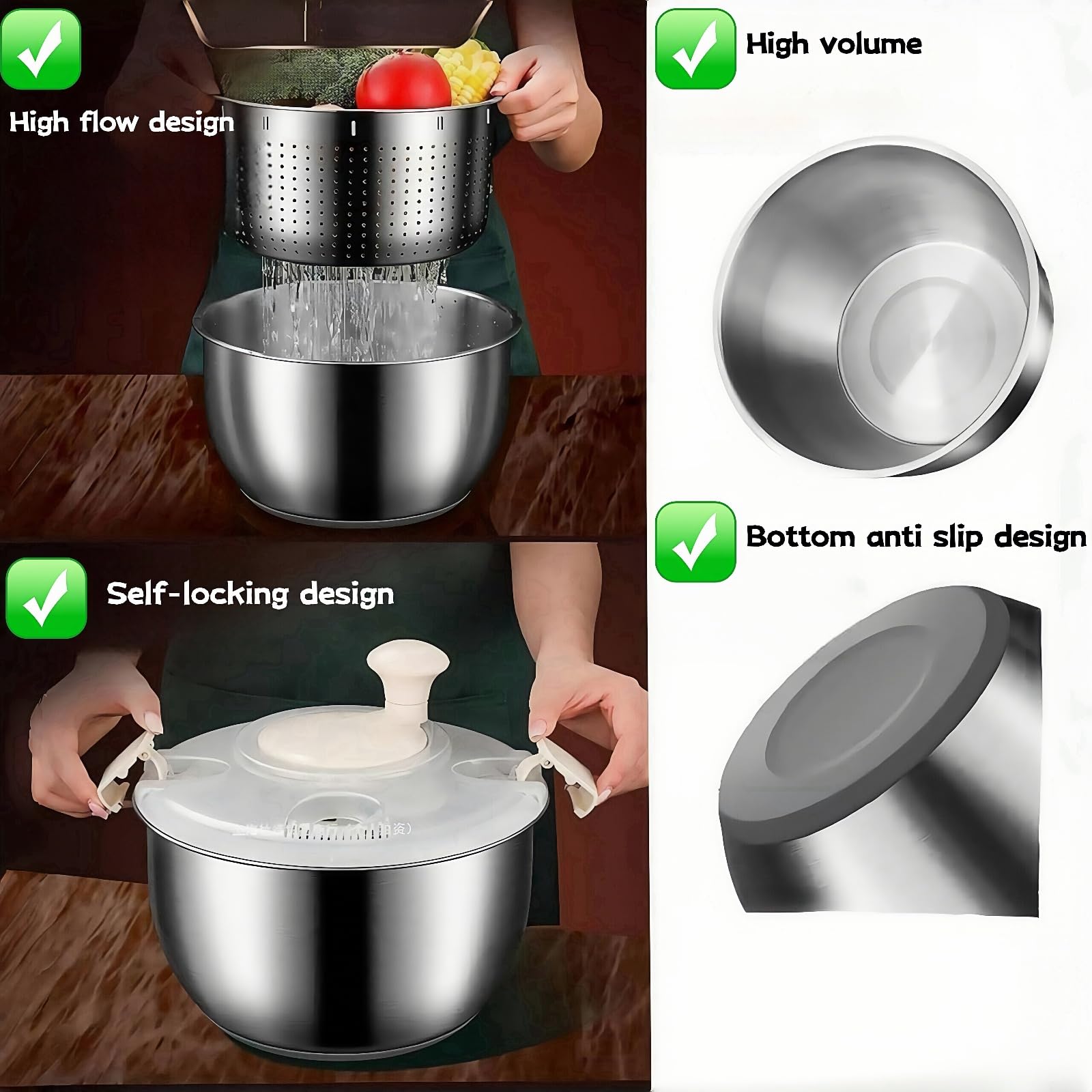 6L Stainless Steel Salad Spinner - Commercial Grade Vegetable & Fruit Washer, Lettuce Dryer, Pasta Spinner - Perfect for Home Kitchens, Restaurants & Meal Prep