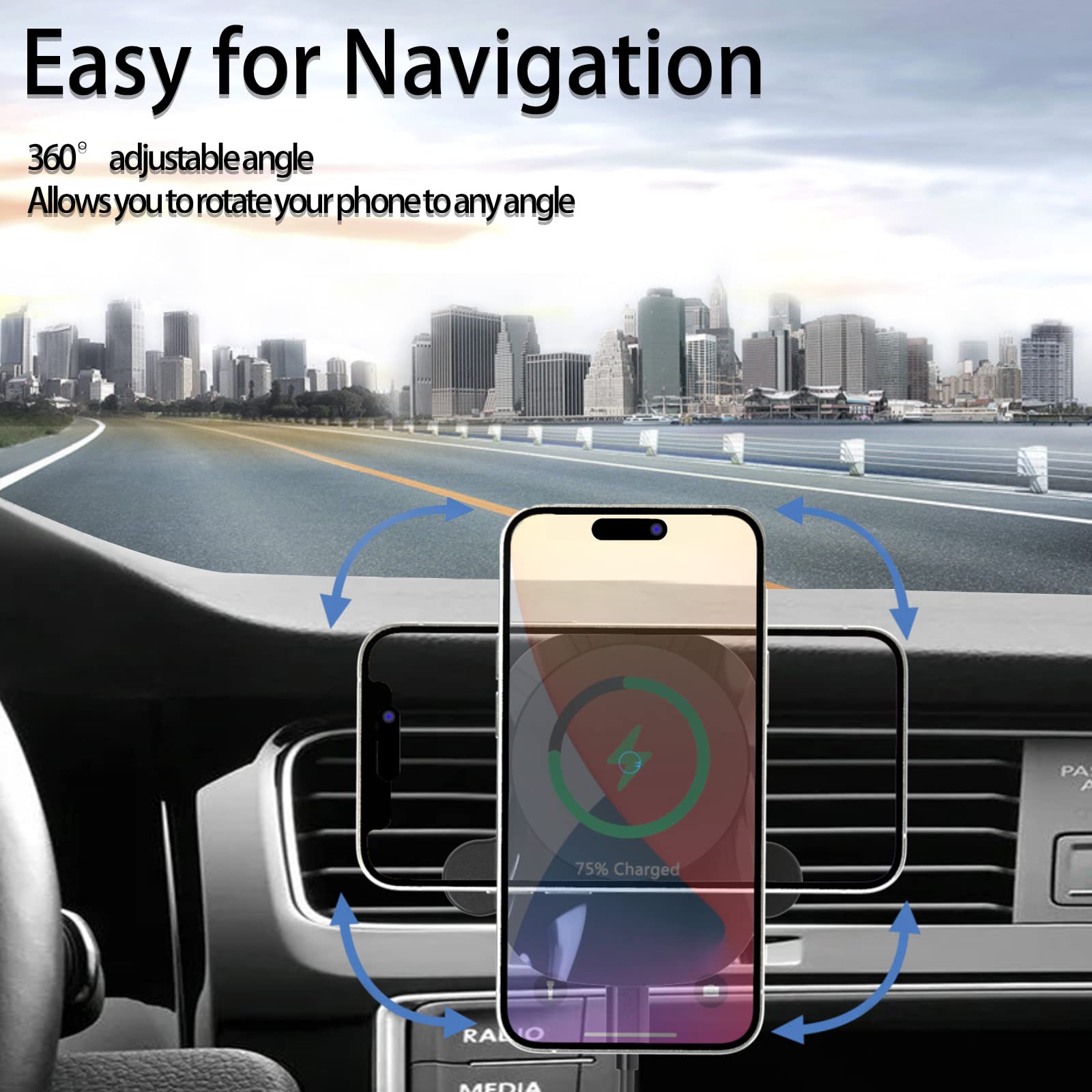 Magnetic Wireless Car Charger for iPhone 14/13/12 Series - 15W Fast Charging MagSafe Compatible Car Mount with 360° Adjustable Air Vent Holder (Black) | Perfect for Commuting, Road Trips & Hands-Free Navigation