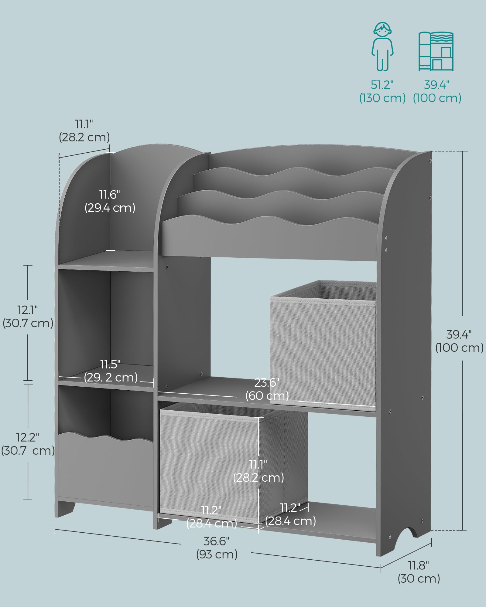SONGMICS Kids Toy and Book Storage Organizer with 2 Bins - Multifunctional Bookshelf & Toy Organizer for Playroom, Nursery, Living Room - Perfect for Organizing Toys, Books, and Kids' Accessories (Dove Gray, UGKR042G01)