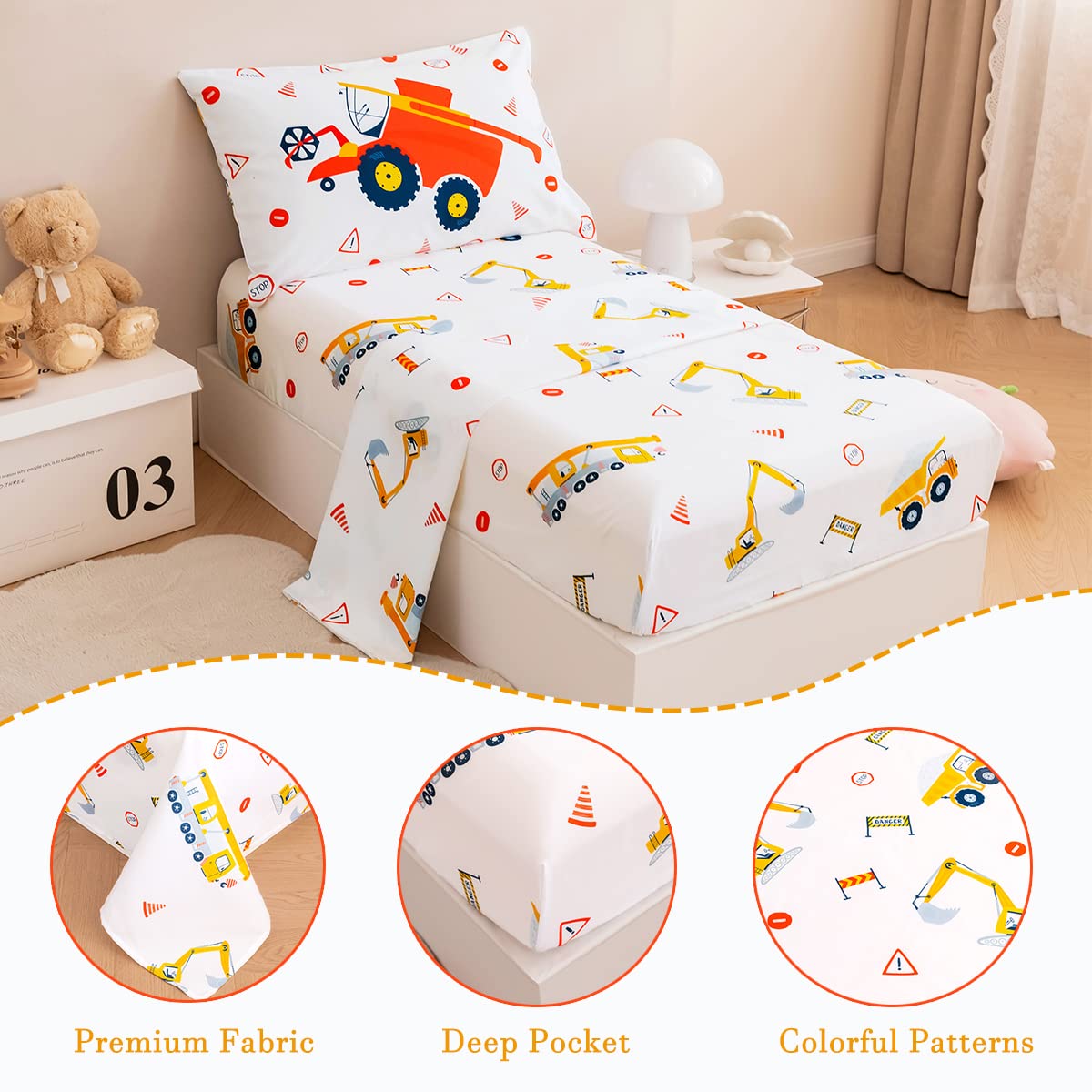 PERFEMET 4-Piece Construction Toddler Bedding Set - Excavator & Truck Themed Reversible Comforter for Boys, All-Season Crib Bedding (White, Truck/Tractor) - Perfect for Nursery, Daycare & Toddler Rooms