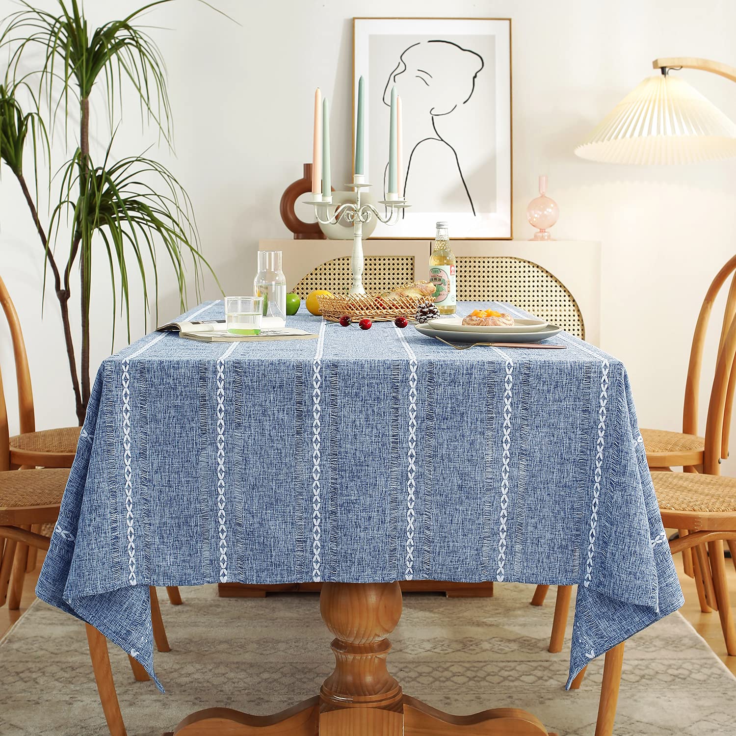 Farmhouse Style Linen Tablecloth 54 x 72 Inches - Wrinkle Resistant, Washable Dining Table Cover for Small Rectangle Tables - Hemstitch Blue Design - Perfect for Casual Dining, Kitchen Decor, and Party Settings