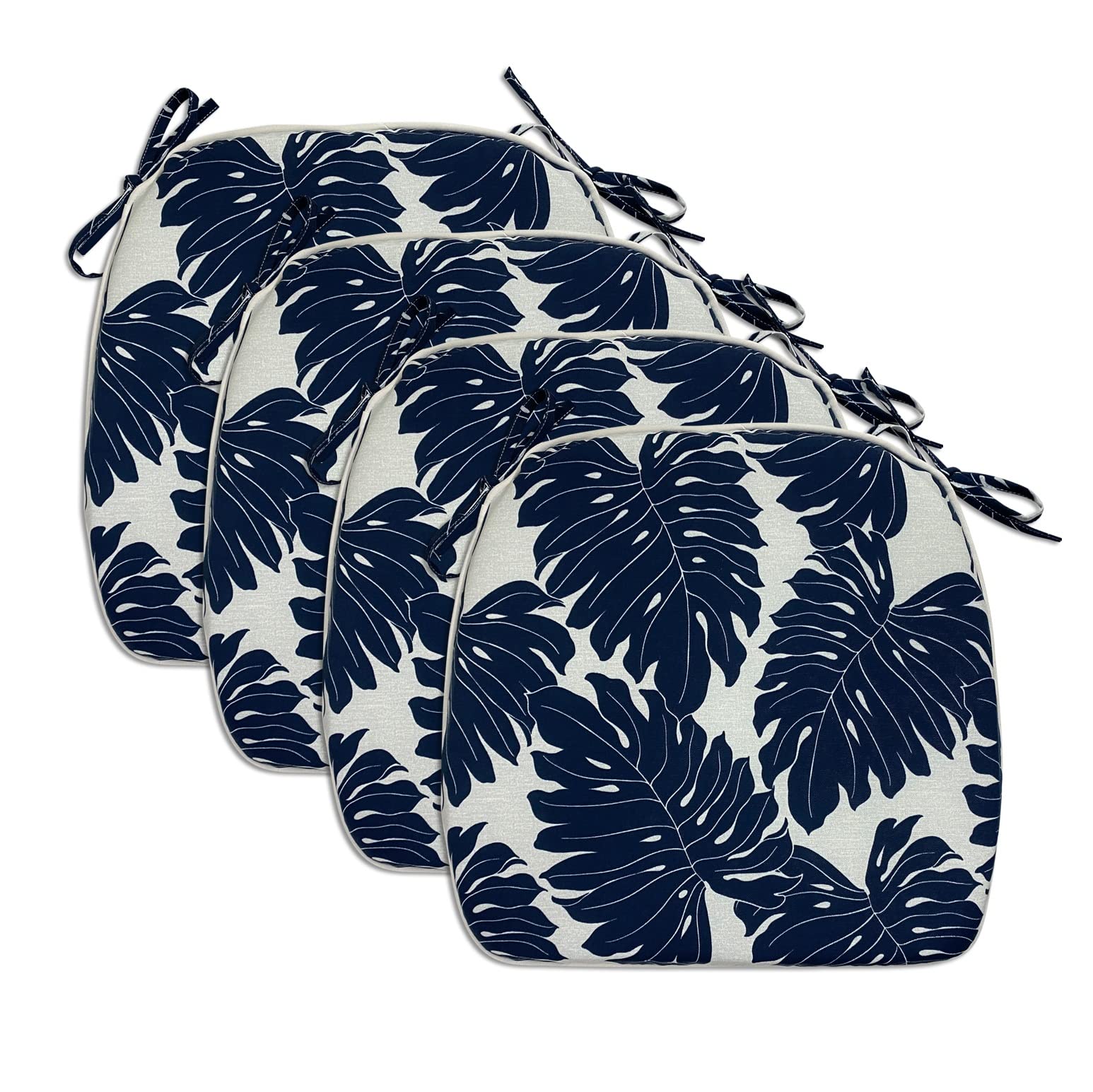 Fabritones Outdoor Seat Cushions Navy Leaves Set of 4 - 18x19 Inch Square Patio Chair Cushions with Ties - Waterproof & Comfortable for Garden, Deck, Poolside, and Outdoor Furniture