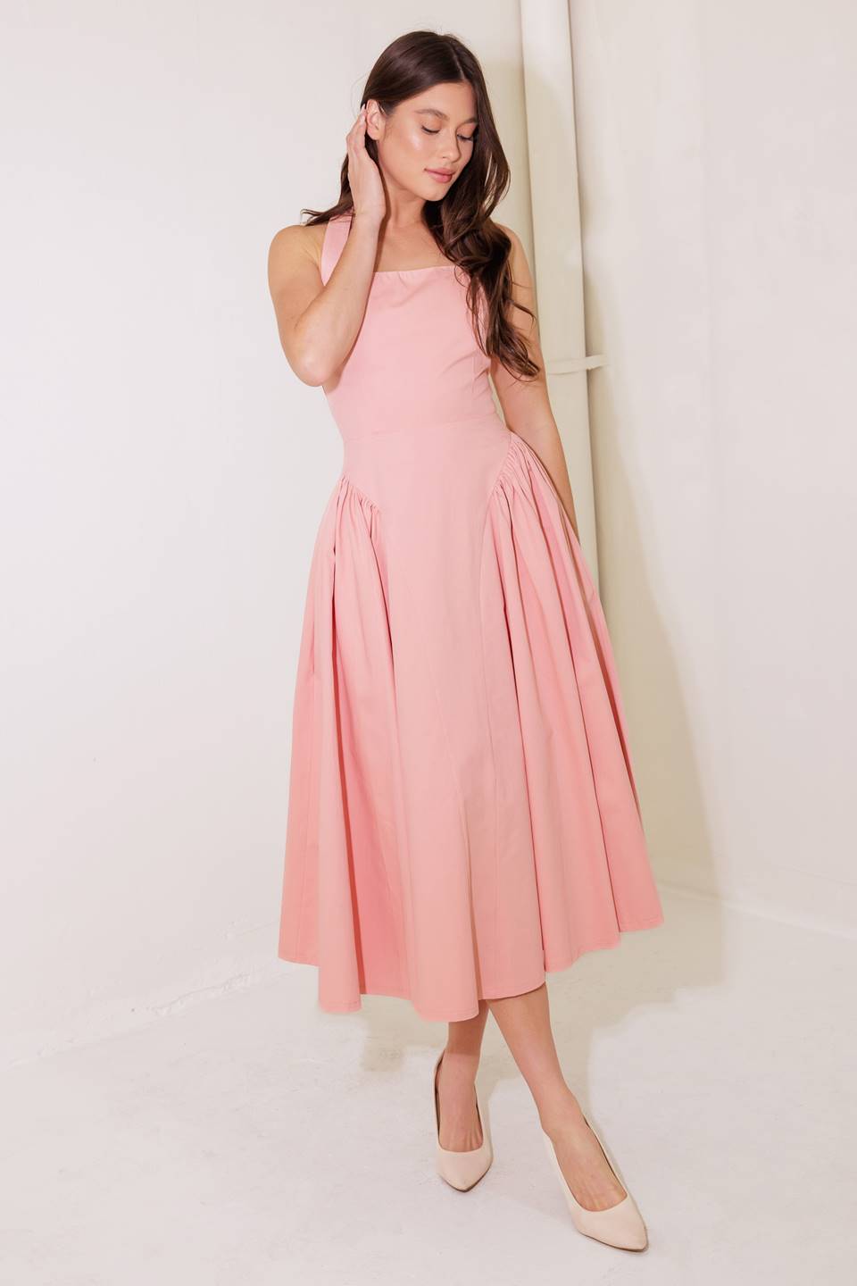 Soft Pink Halter Midi Dress for Women - Elegant Rainy Day Outfit for Summer Beach Parties & Casual Dates