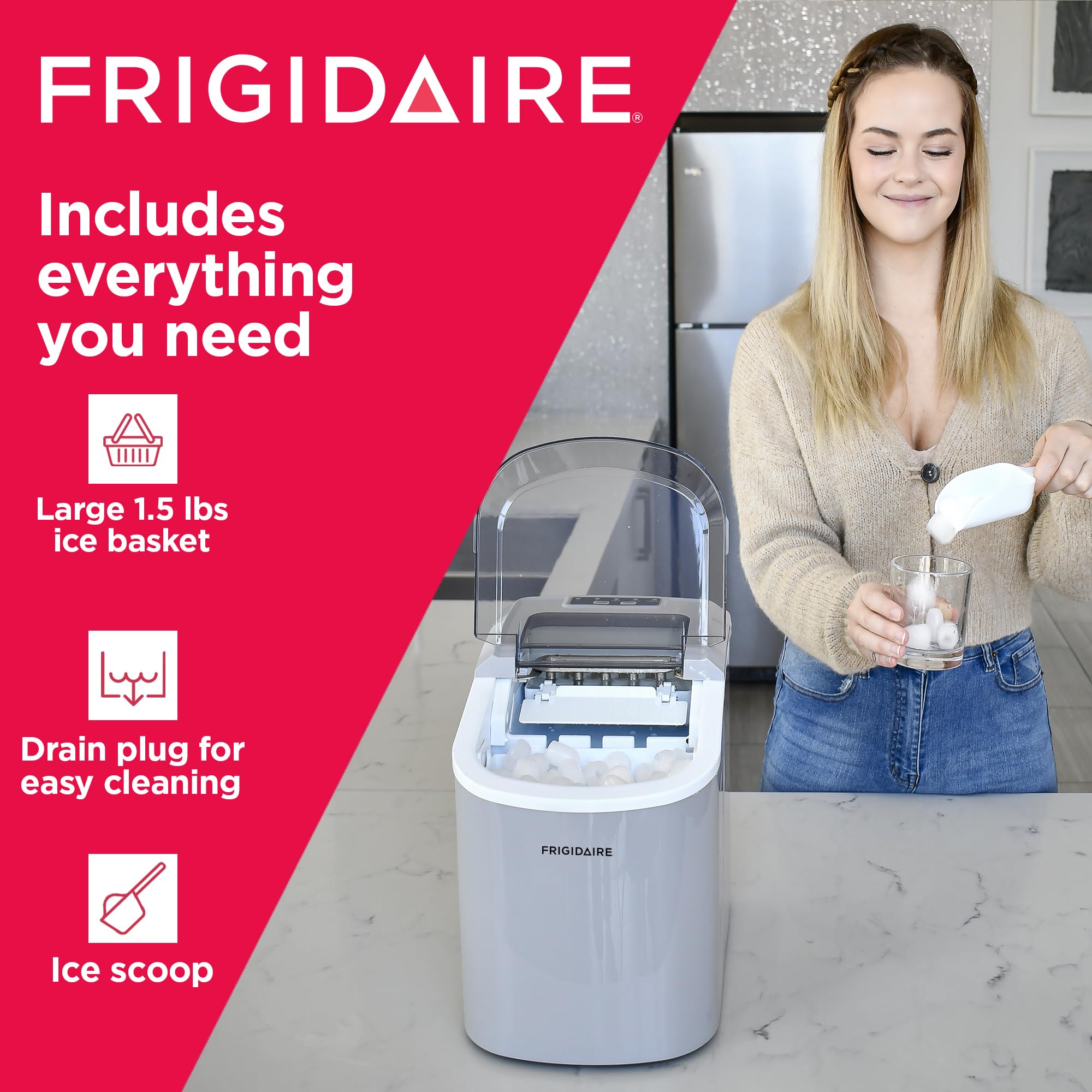 Frigidaire EFIC189-Silver 26 lb Per Day Portable Ice Maker Machine - Compact Countertop Ice Cube Maker for Home, Office, Bar, Party & RV - Silver