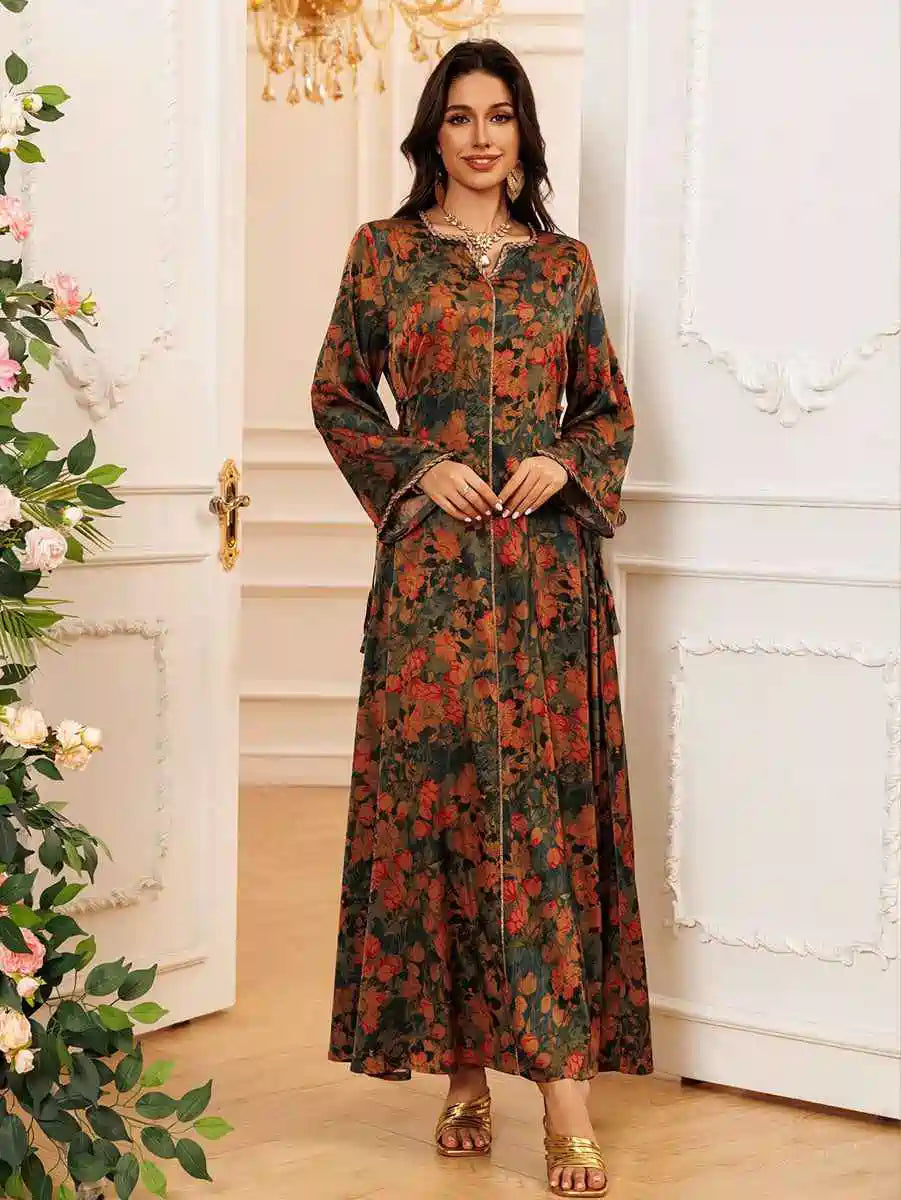Elegant Eid Printed Hotfix Rhinestone Caftan Dress for Women - Perfect for Celebrations, Parties & Special Occasions | Stunning Embellished Kaftan for Festive Events & Holiday Gatherings
