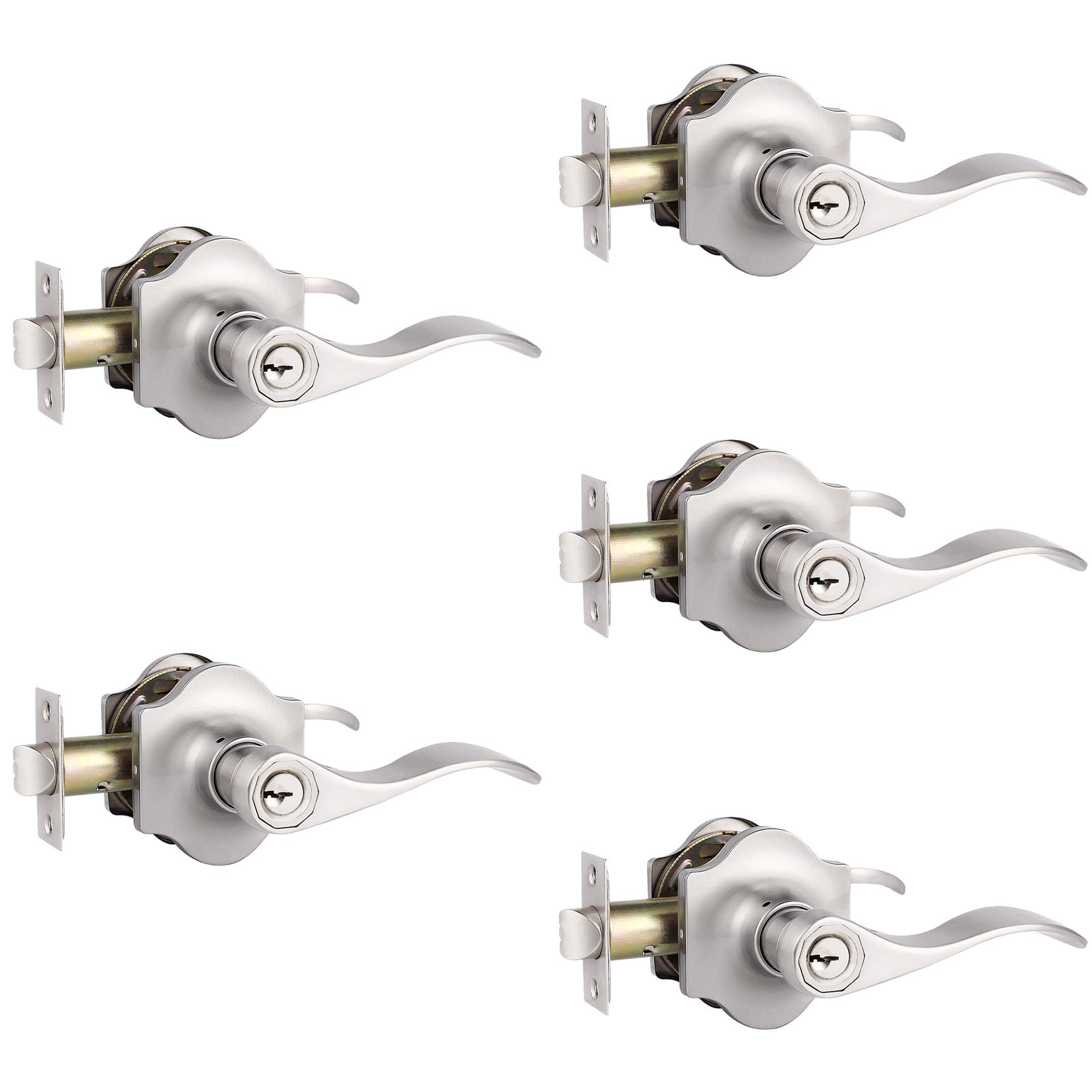 Knobelite Camelot Trim Keyed Entry Lock 5-Pack - Satin Nickel Exterior Door Lever Set for Enhanced Home Security | Reversible Right/Left Handed Wave Design | Each Lock Keyed Differently | Perfect for Front Doors, Back Doors & Rental Properties