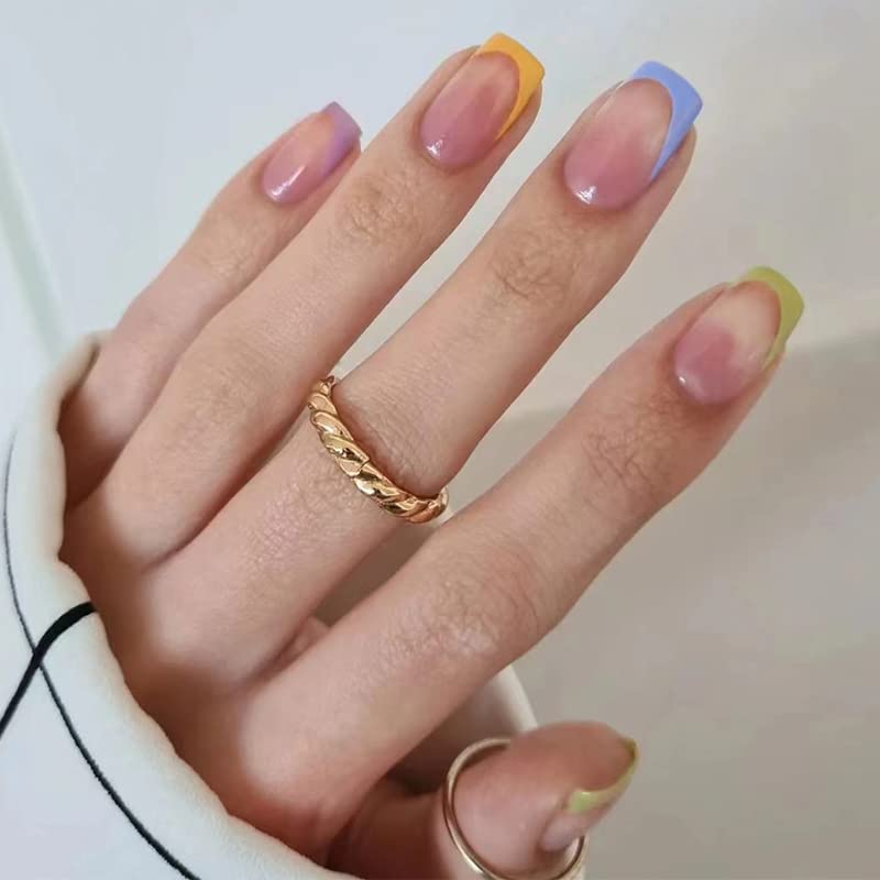24Pcs Nude Pink French Press on Nails with Colorful Trim - Short Coffin Fake Nails with Glue for Women | Gel Acrylic Stick on Nails for Daily Wear, Parties & Special Occasions
