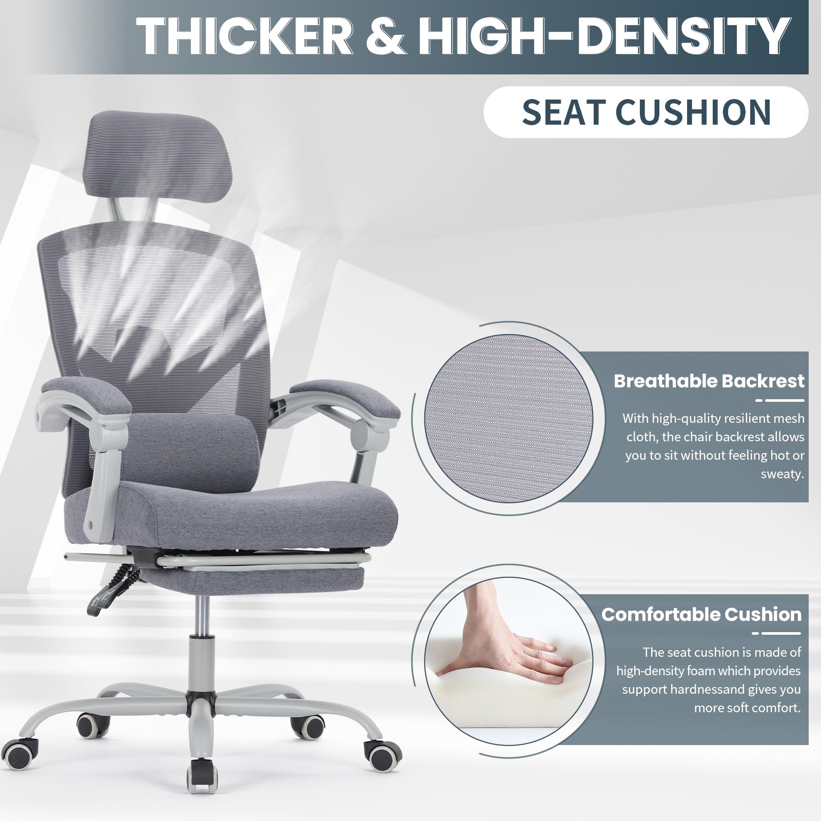 Ergonomic Office Chair with Wheels - Adjustable Headrest & Lumbar Support, Soft Armrests for Computer Desk - Perfect for Home Office, Gaming, and Long Work Sessions