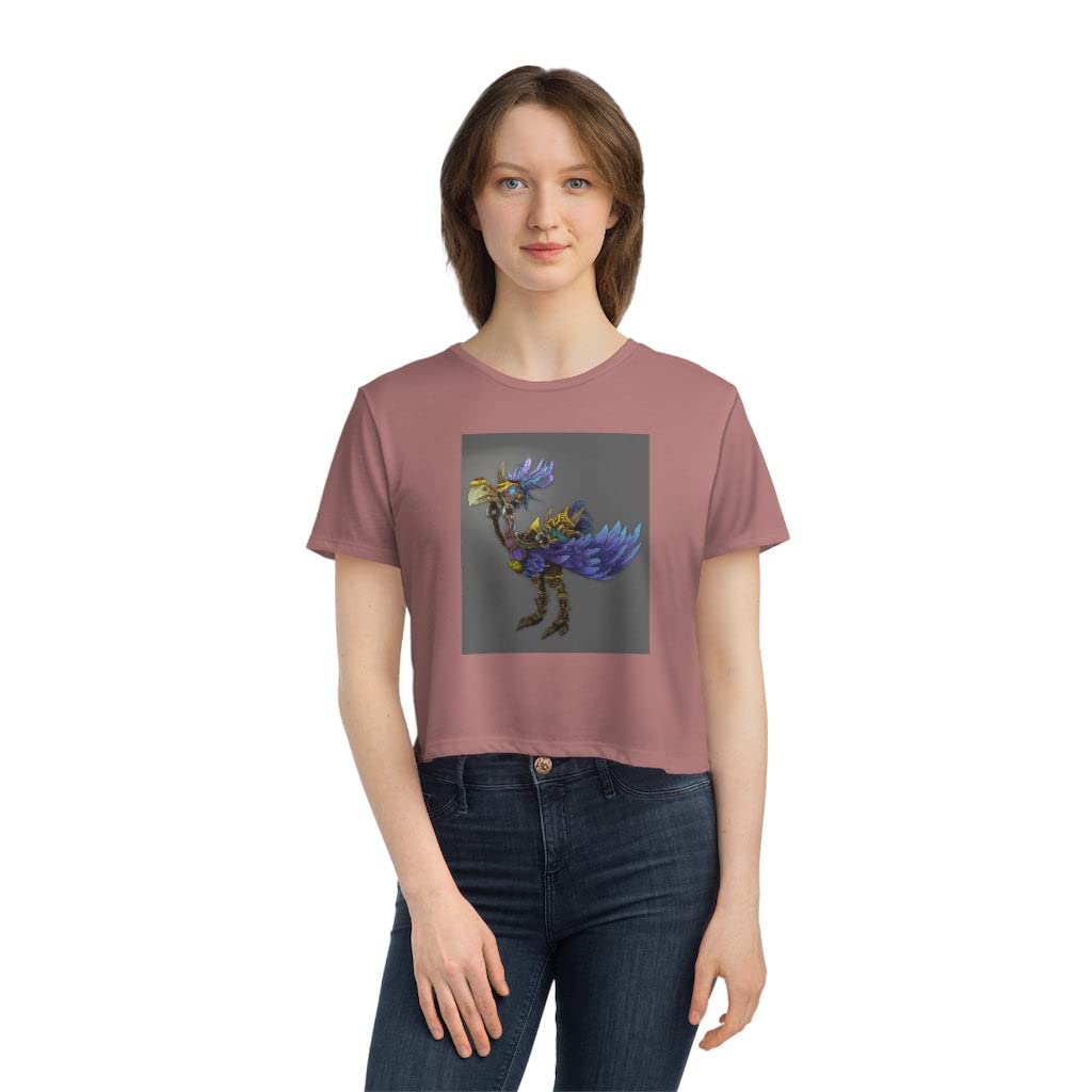 Women's Flowy Cropped T-Shirt - Squawkers The Ostrich Print - XL Size - Heather Navy Color - Casual Summer Top for Beach, Music Festivals & Streetwear