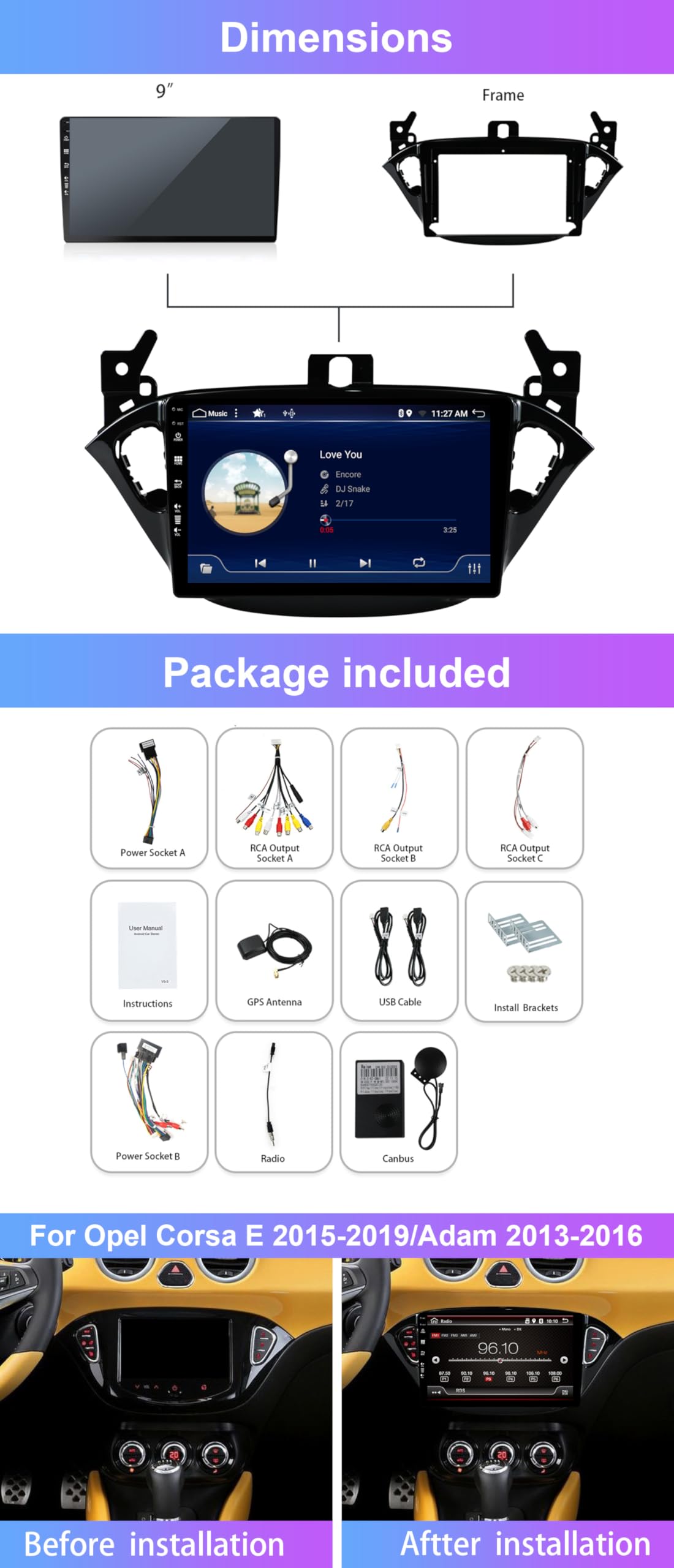 9inch Android 12 Car Stereo for Opel Corsa E 2015-2019 & Adam 2013-2016 - 2 Din Head Unit with Free Rear Camera - Supports DAB+, Mirrorlink, USB, WiFi, Bluetooth, CarPlay & GPS Navigation - 2GB RAM + 32GB ROM - Perfect for Hands-Free Calling, Music Streaming & Safe Driving