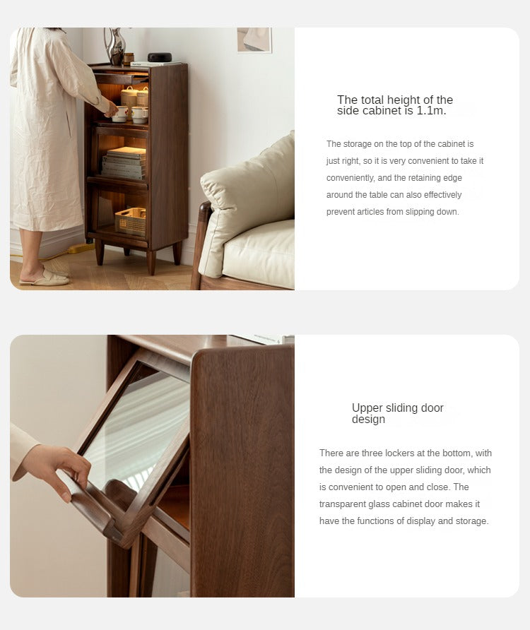 Solid Black Walnut & Oak Wood Glass Flip Door Display Cabinet with LED Lights - Perfect for Living Room, Bedroom & Office Storage & Display