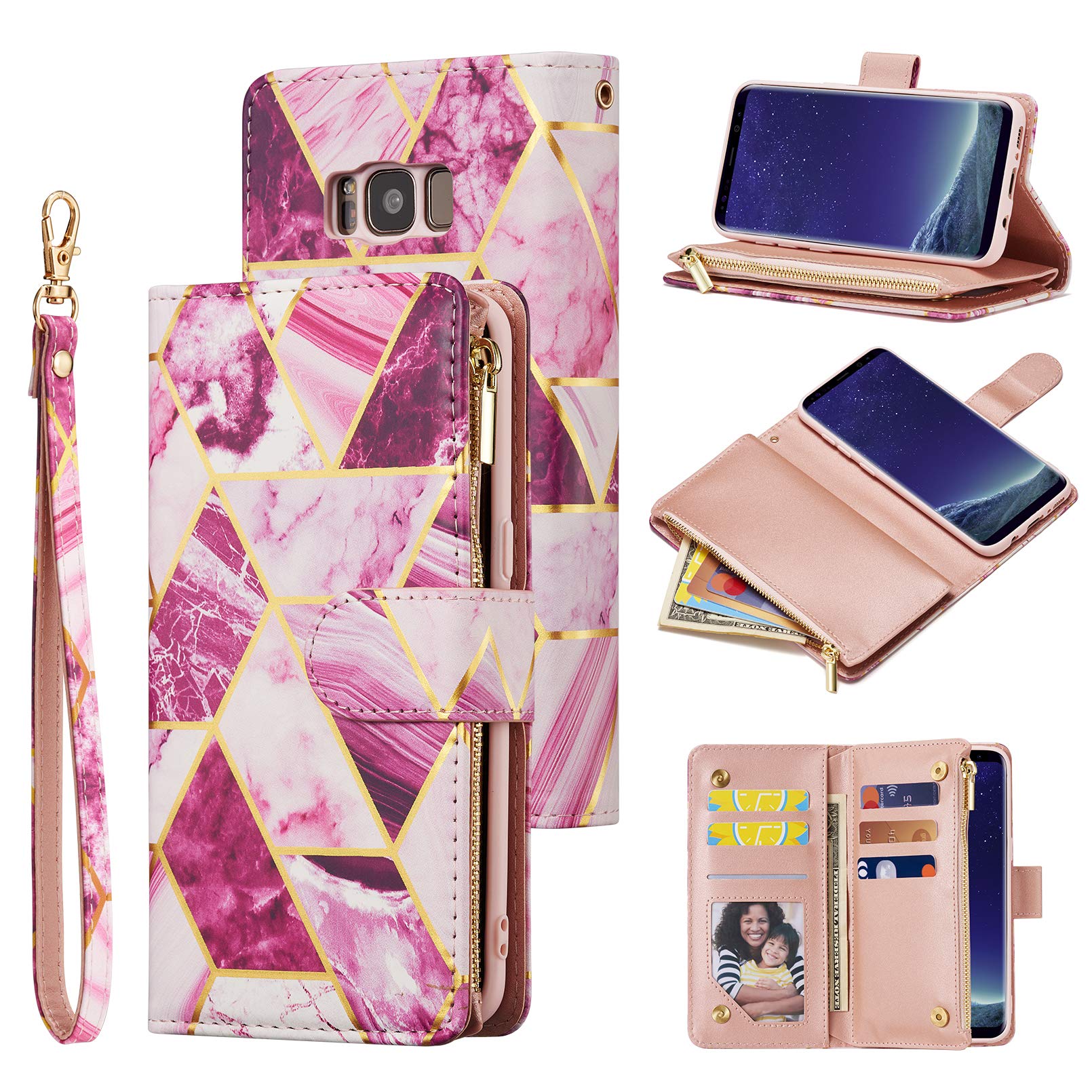 Premium PU Leather Wallet Case for Samsung Galaxy S8 - Geometric Zipper Design with Card Slots, Kickstand & Wrist Strap | Magnetic Closure | Marble Purple | Perfect for Work, Travel & Everyday Use