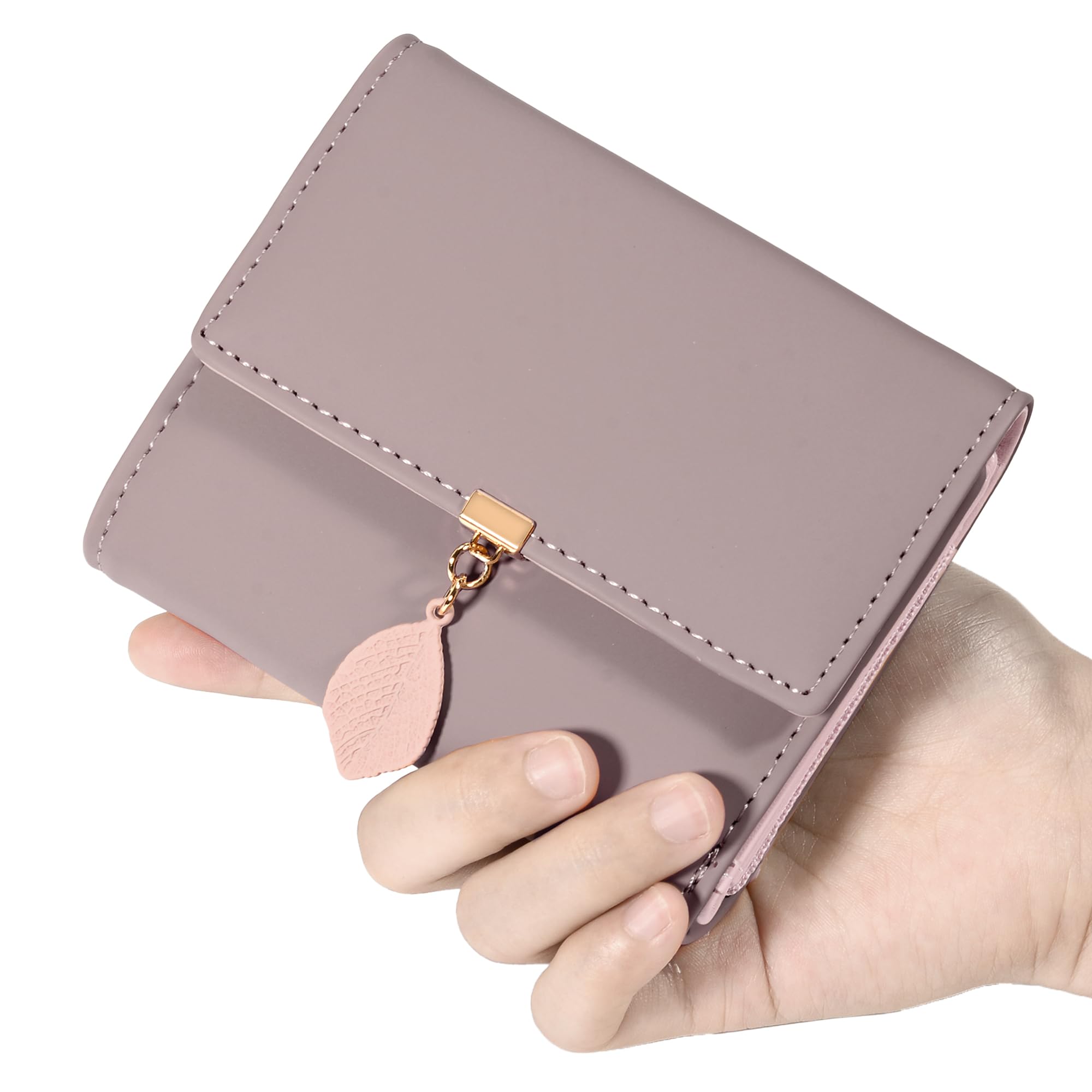 UTO RFID Blocking Wallet for Women - PU Leather Leaf Pendant Card Holder with Zipper Coin Purse | Phone & Checkbook Organizer | Perfect for Travel, Shopping & Daily Use