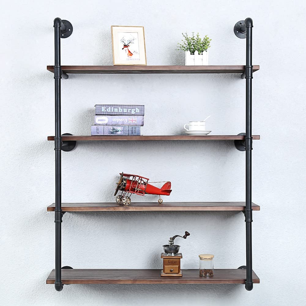 Industrial Pipe Shelving Wall Mounted - 36 Inch Rustic Metal Floating Shelves, Steampunk Style Real Wood Bookshelves for Living Room, Bedroom & Office - Heavy Duty Wall Shelf Unit with 4 Tiers - Perfect for Farmhouse Kitchen, Bar, Library & Home Decor Storage