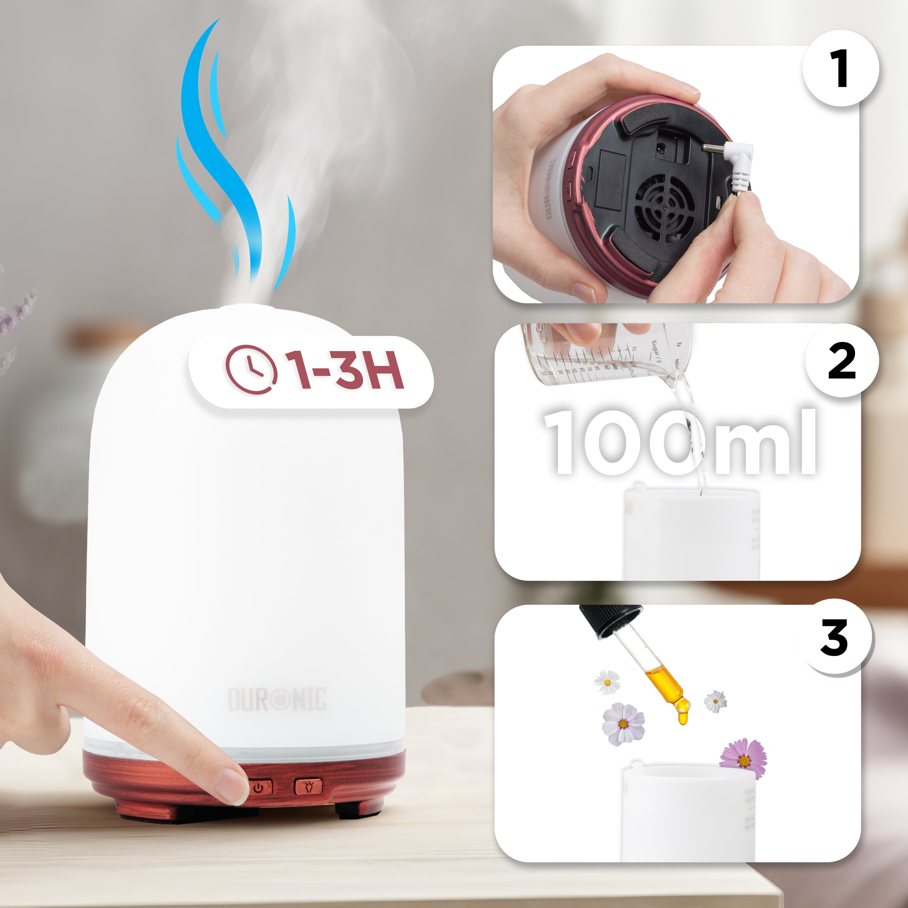 Duronic AD12 100ml Ultrasonic Essential Oil Diffuser - 7 Color LED Aromatherapy Humidifier for Home, Office, Bedroom & Spa | Perfect for Relaxation, Sleep & Stress Relief