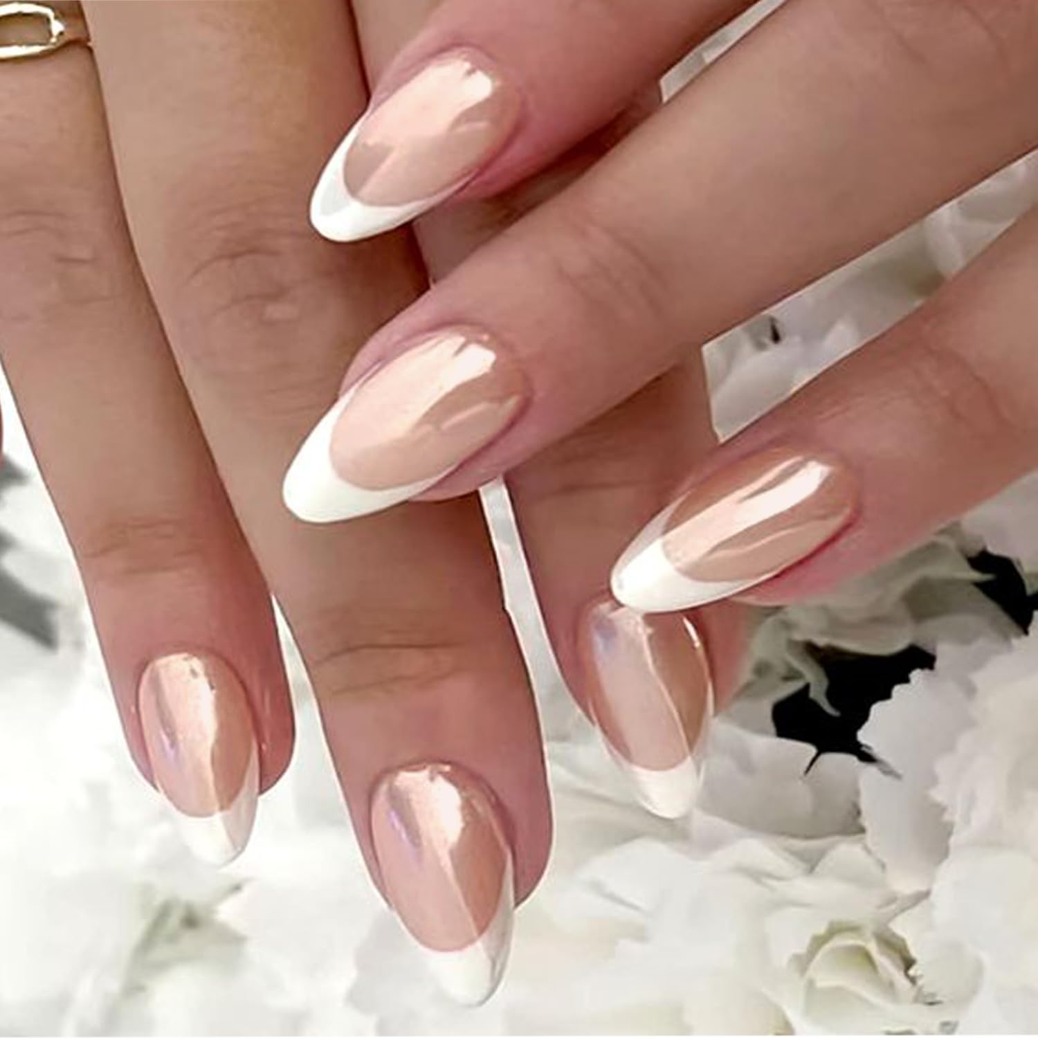 Glamermaid Nude Pink Press on Nails - Medium Almond Shape with Pearl French Tip Design, Reusable Acrylic Fake Nails for Women (Short Oval, Stiletto Style) - Perfect for Weddings, Parties, Date Nights & Everyday Glam