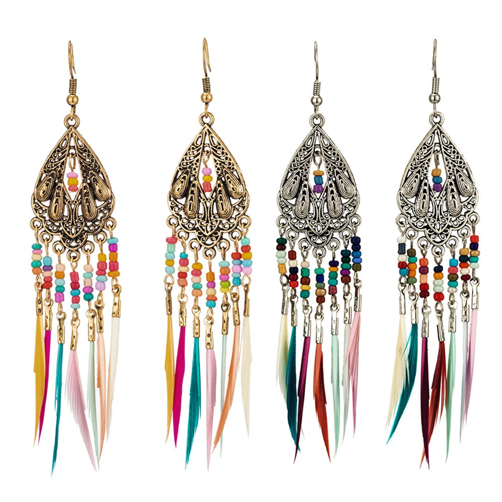 Bohemian Earrings Set for Women - 2 Pairs Native American Feather Tassel Dangle Earrings with Colorful Beads & Carved Details | Vintage Ethnic Jewelry for Girls | Perfect for Festivals, Parties and Boho Fashion Outfits