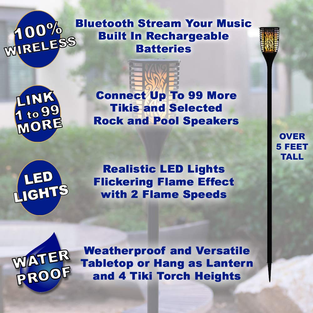 Theater Solutions TT100 240W Rechargeable Bluetooth Tiki Torch Speaker - Wireless Outdoor Party Speaker System with 99 Speaker Linking, 4-Pack Black Lanterns for Patio, Pool & Backyard Entertainment (TT100-2PR)