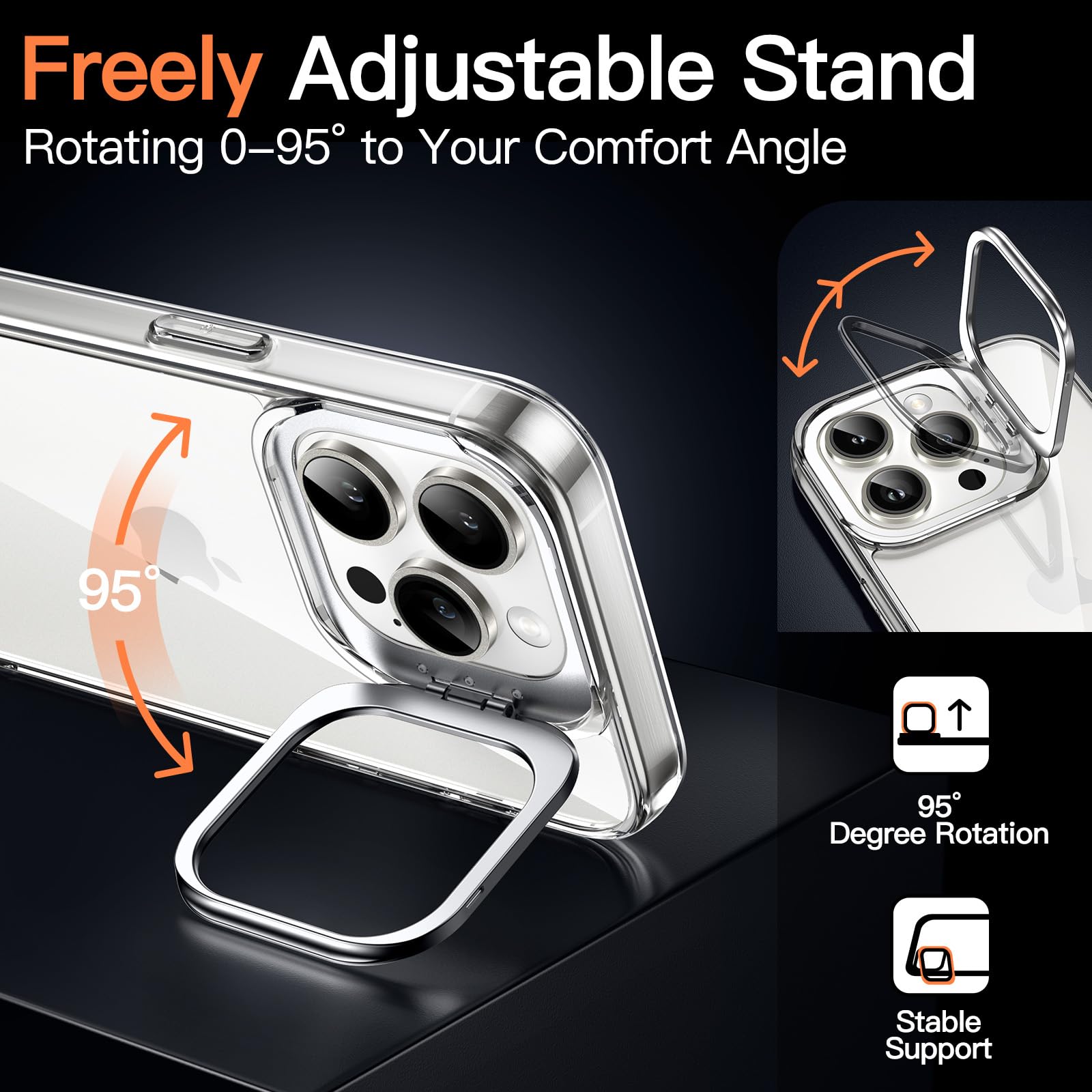 JETech iPhone 15 Pro Max Case with Kickstand - Shockproof Clear Cover for Work & Travel
