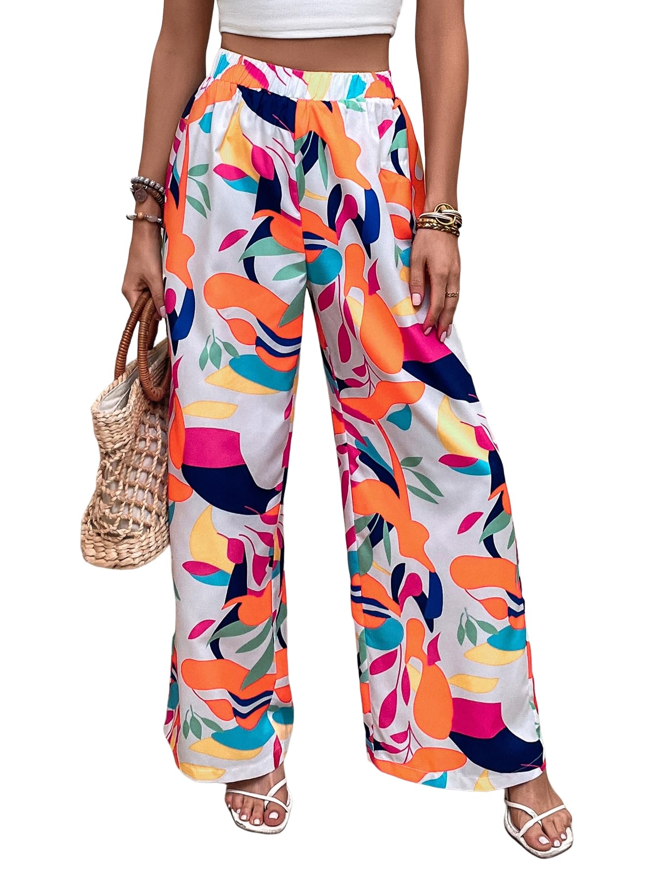 WDIRARA Women's Tropical Print High Waisted Wide Leg Pants - Stretchy Elastic Waistband, Loose Fit Casual Trousers for Beach, Vacation & Summer Outfits