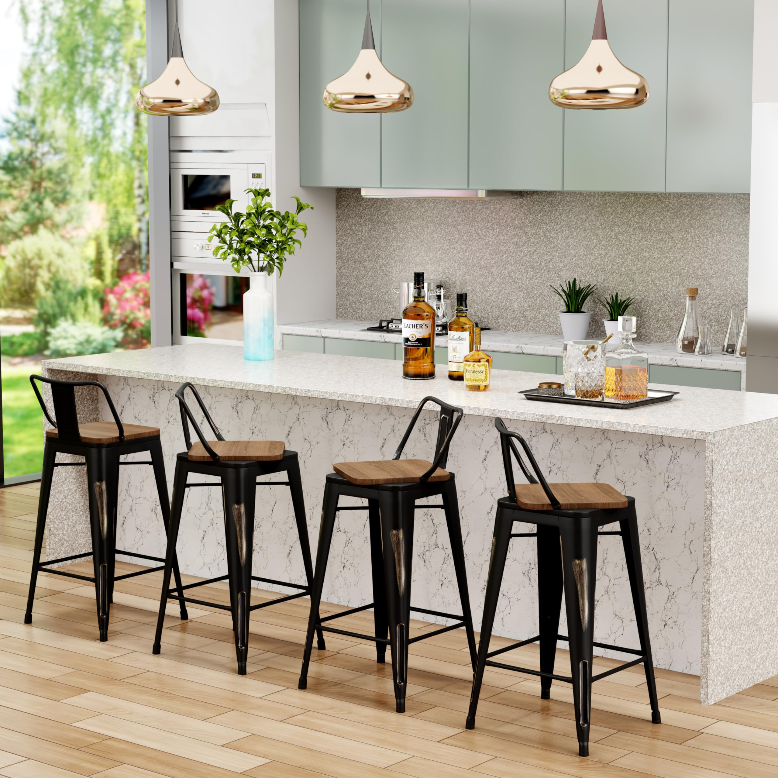 26 Inch Bar Stools Set of 4 - Counter Height Swivel Bar Chairs with Gold Finish & Back Support - Modern Kitchen Stools for Breakfast Nook, Home Bar & Dining Counter - Black Metal Barstools